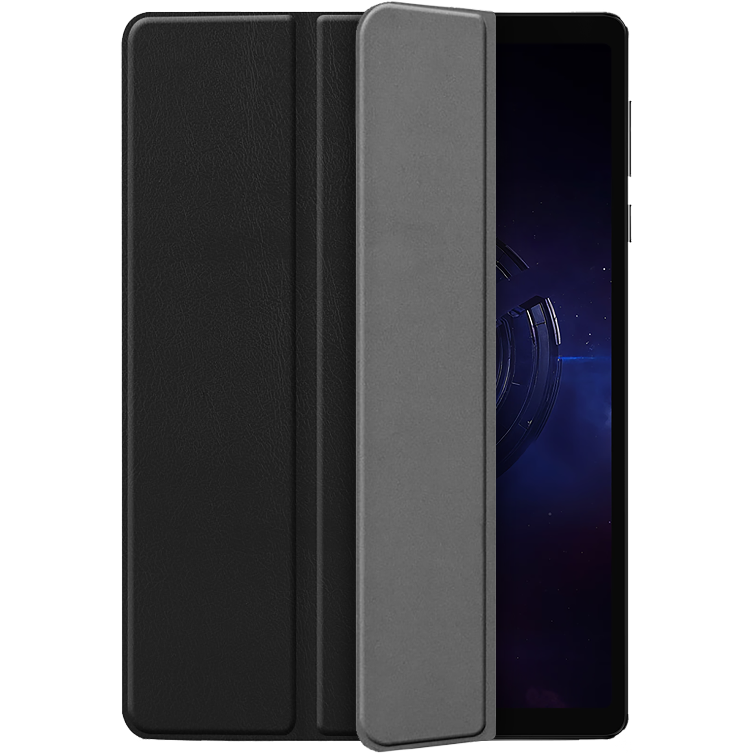 Eine schwarze Tablet-Hülle ist geöffnet und zeigt einen Bildschirm. Die Hülle ist lederartig. Der Bildschirm zeigt ein dunkles, abstraktes Design.