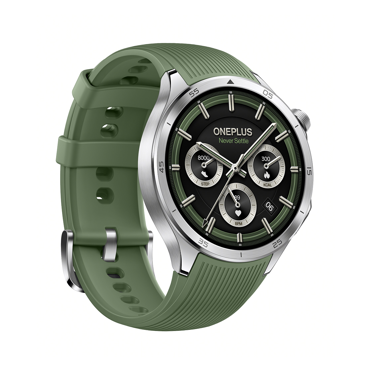 Zielony smartwatch OnePlus z czarną tarczą. Ma zielony pasek i srebrną ramkę. Zegarek wyświetla czas i wskaźniki zdrowia.