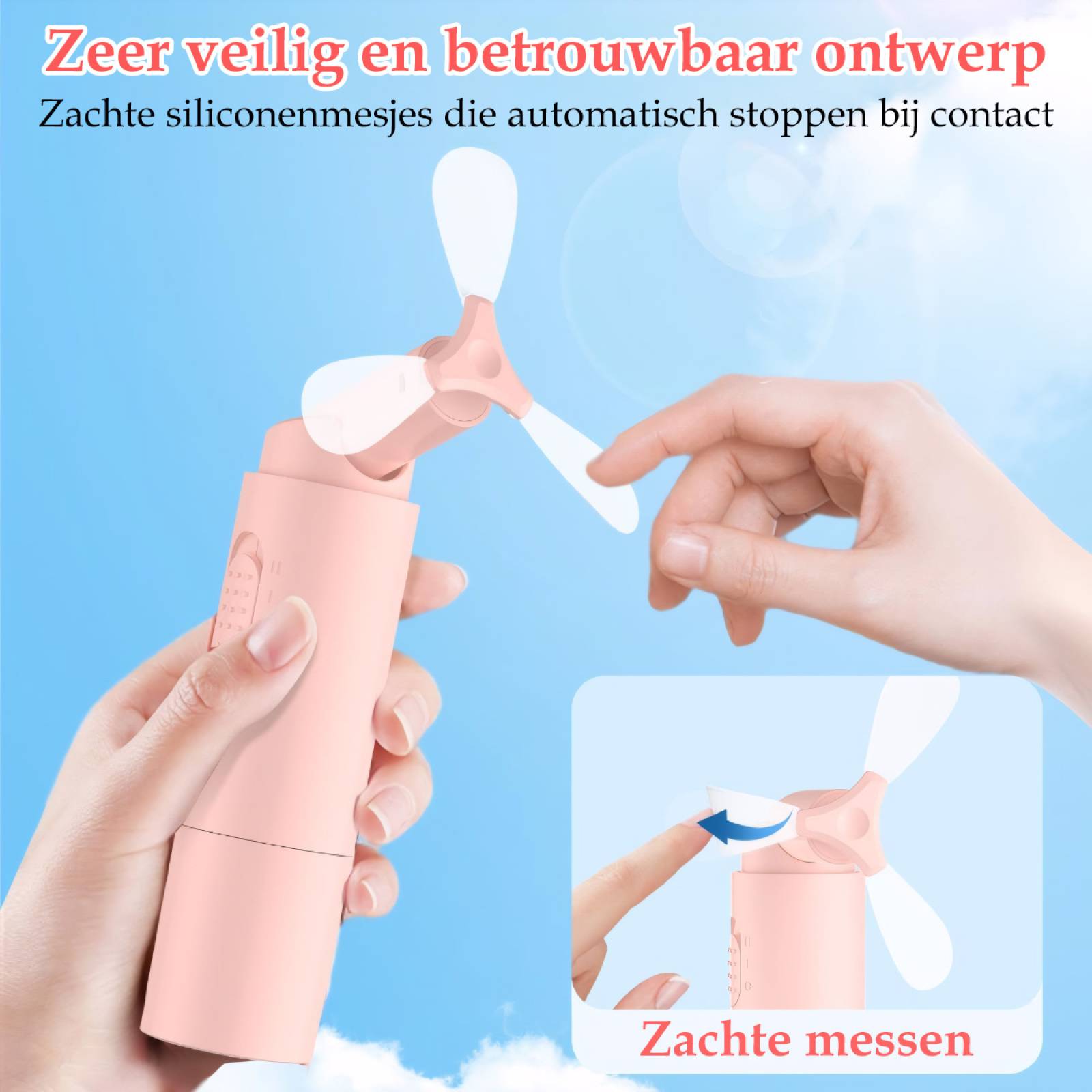 Ein rosa Mini-Ventilator mit weißen Flügeln. Hände halten ihn. Text sagt: 'Sicheres und zuverlässiges Design'.