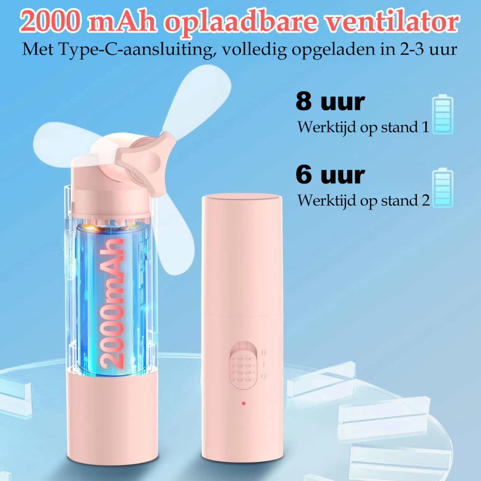 Tragbarer rosa Ventilator mit Akku, 2000 mAh, mit rosa Zylinderteil und Fanteil.
