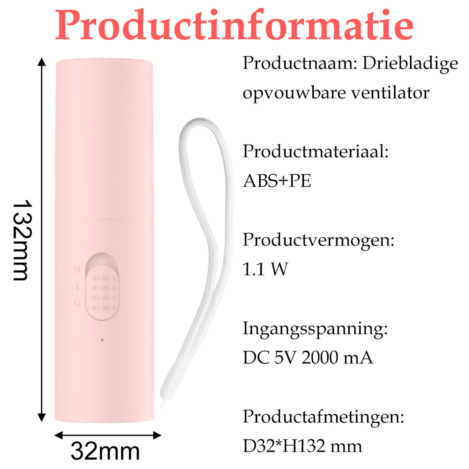Rosa Faltventilator mit weißem Riemen. Abmessungen 32x132mm. Produktinfo enthält Material, Leistung und Spannungsdetails.