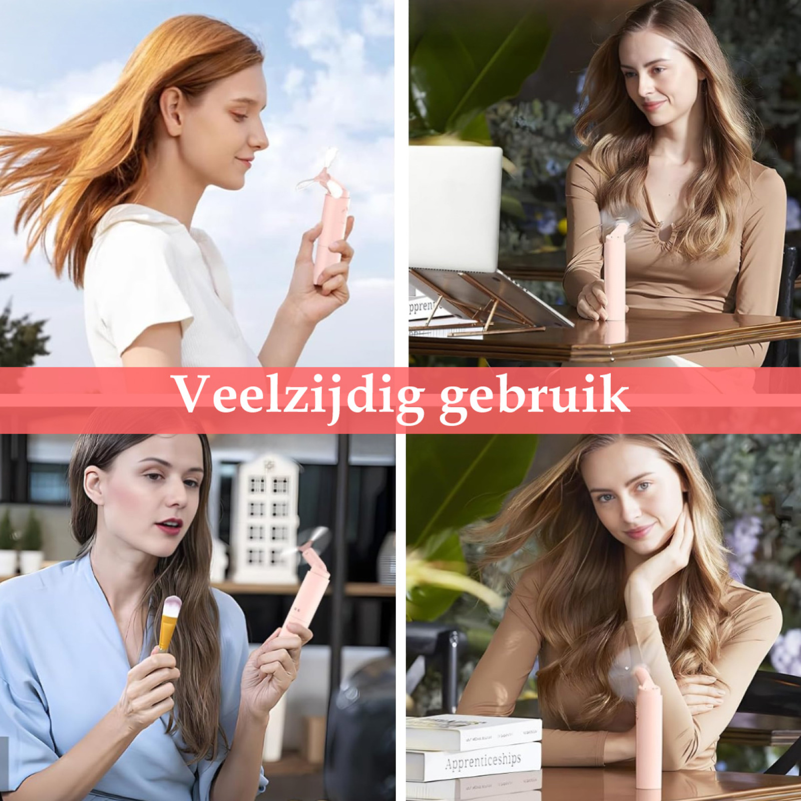 Vier Bilder zeigen Frauen, die einen pinkfarbenen Handventilator benutzen. Die Szenen variieren: im Freien, mit einem Laptop, beim Schminken und auf einem Schreibtisch.