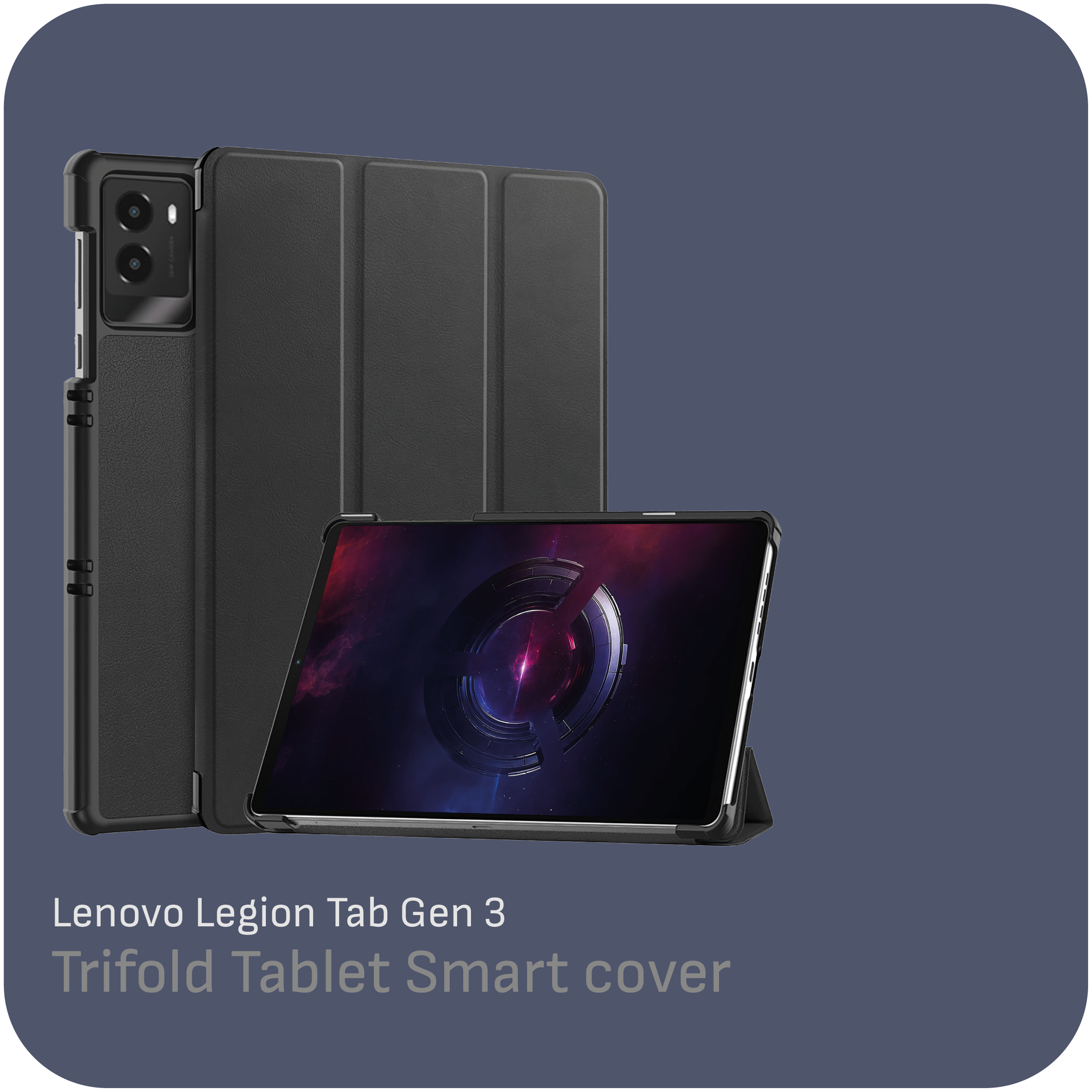 Schwarzes Lenovo Legion Tab Gen 3 mit Smartcover. Der Bildschirm zeigt ein abstraktes Design. Der Hintergrund ist dunkelblau.