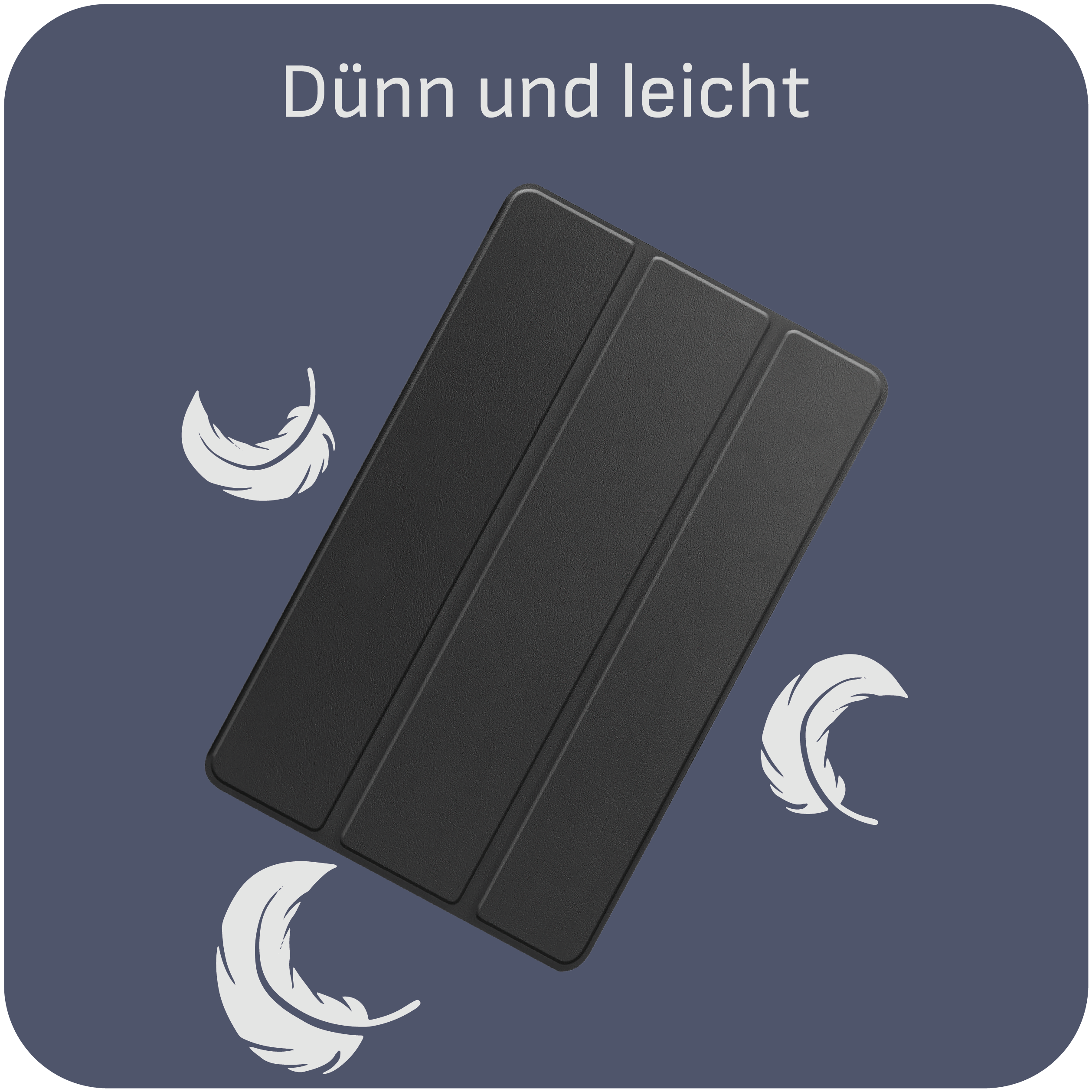 Schwarze Tablethülle mit Text 'Dunn und leicht' und weißen Federn auf dunklem Hintergrund.