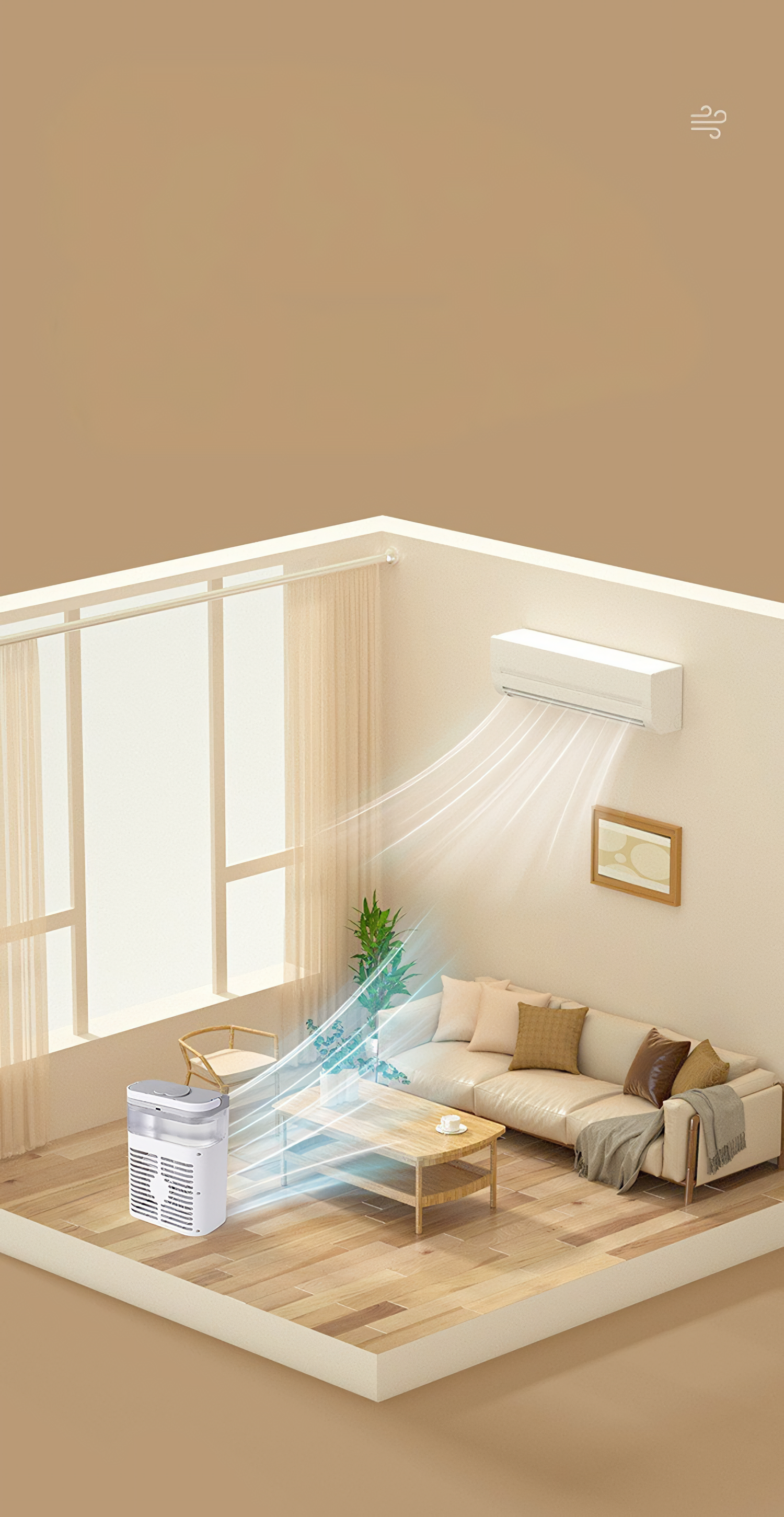 Innenansicht mit Klimaanlage und Luftreiniger. Beige Wände, Holzboden und Sofa. Luft strömt von der Klimaanlage zum Reiniger.