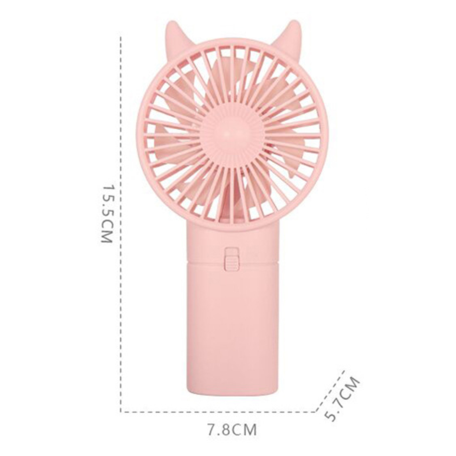 Rosa Handventilator mit Teufelshorn-Design. Er hat einen runden Fankopf und einen rechteckigen Griff. Abmessungen sind angegeben.