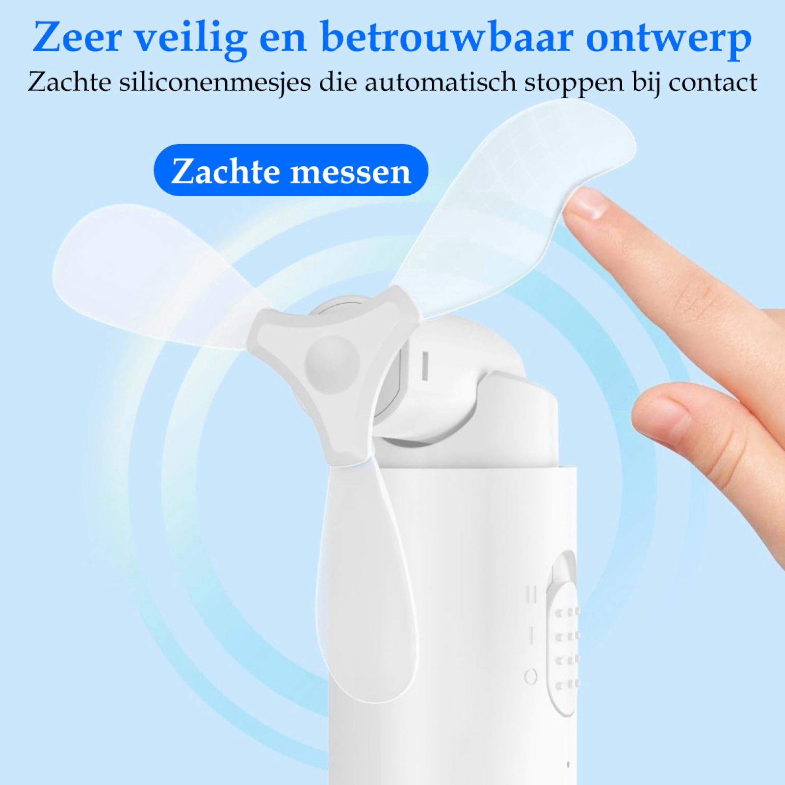 Ein weißer Ventilator mit drei Flügeln, ein Finger berührt das Blatt und ein blauer Hintergrund mit Text.