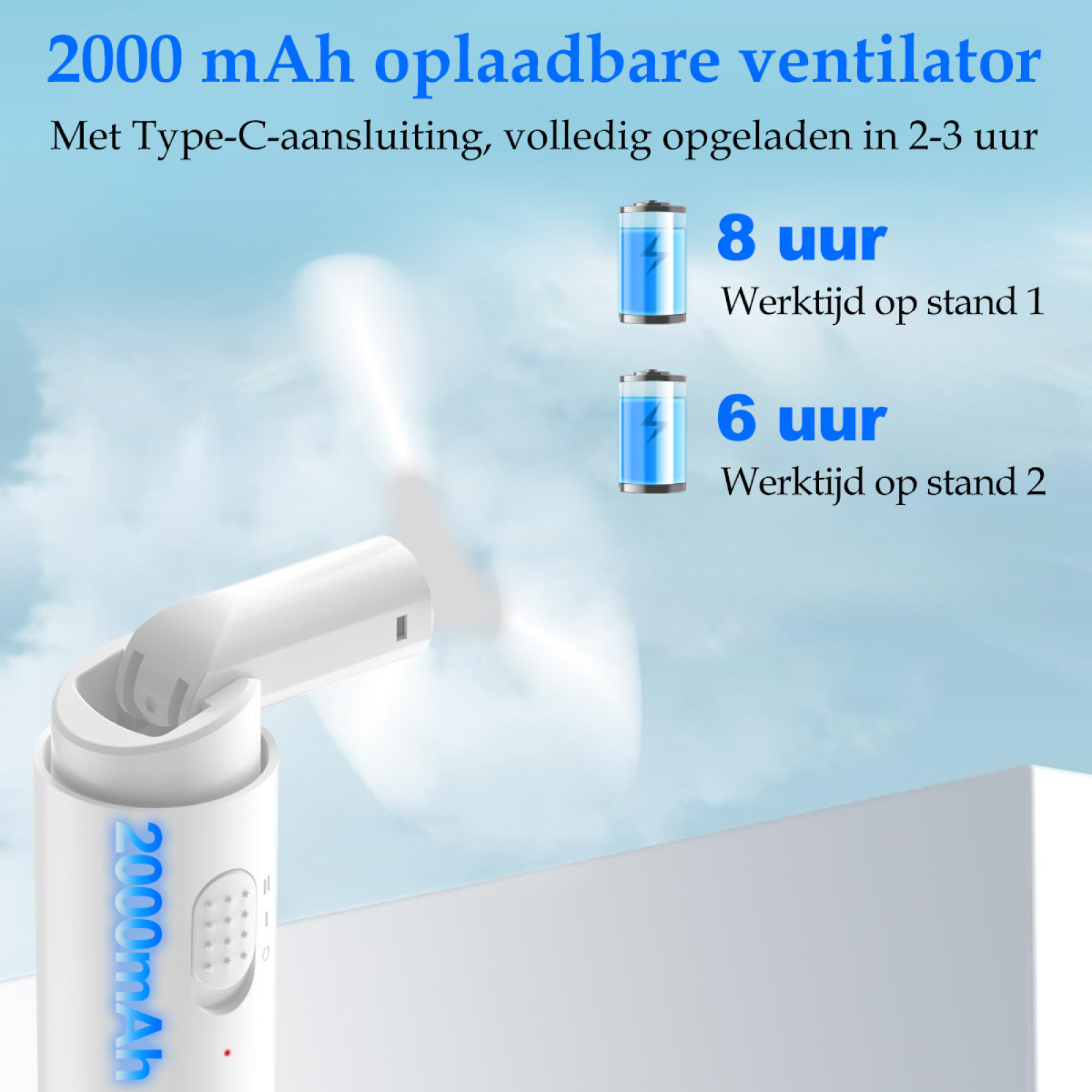 Tragbarer weißer Ventilator mit blauem Text und Akkusymbolen, Text beschreibt 2000 mAh und Laufzeiten. Himmelshintergrund.