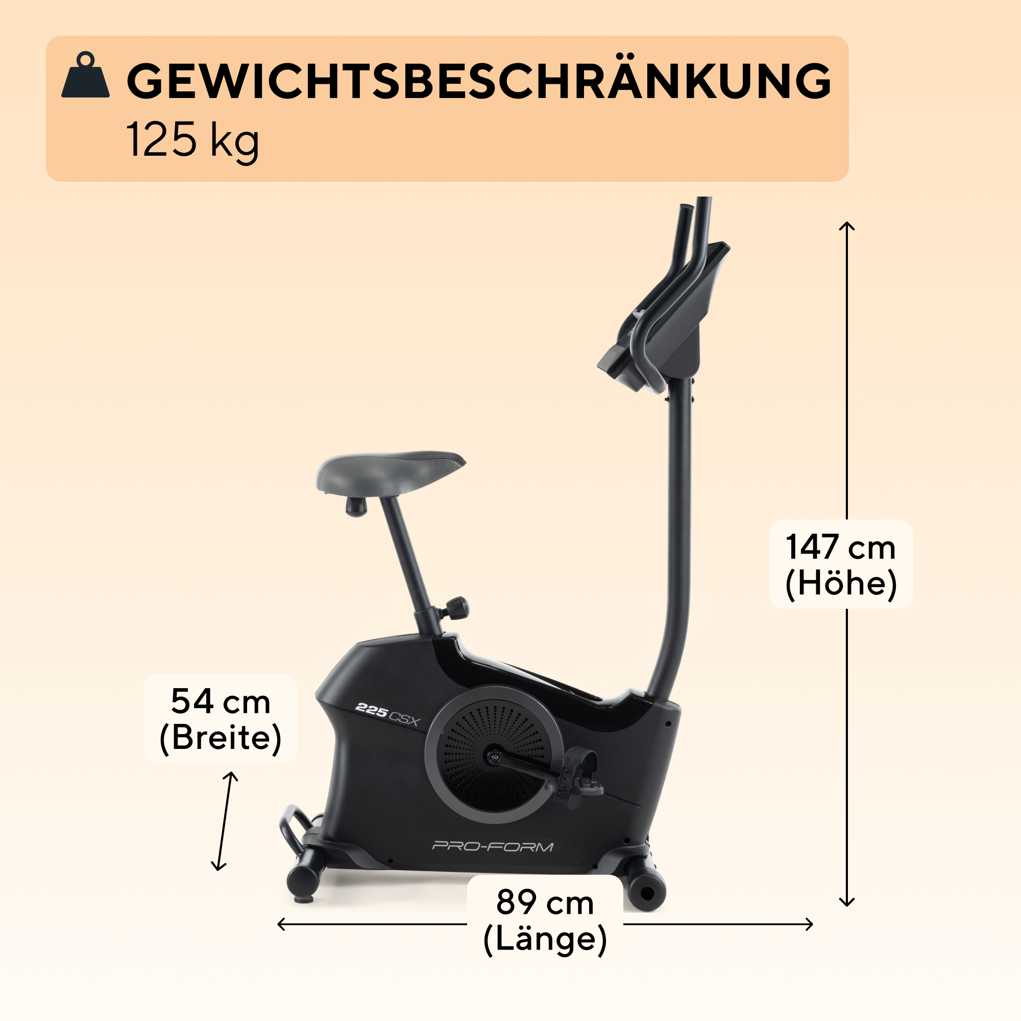 Schwarzes Trainingsrad mit Maßen und Gewichtsbeschränkung. Marke Pro-Form.