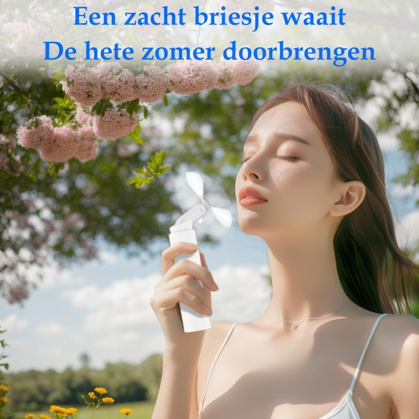 Frau mit geschlossenen Augen, hält einen kleinen Ventilator. Rosa Blumen und grüne Bäume im Hintergrund, blauer Himmel.
