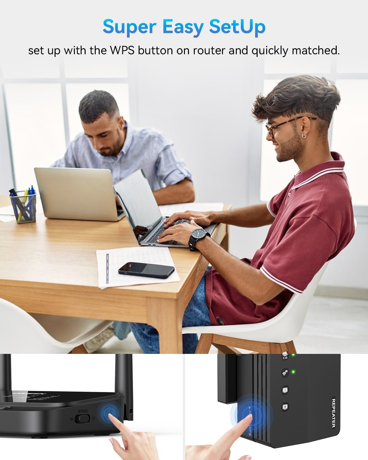 Zwei Männer benutzen Laptops, einer drückt WPS. Router und Repeater werden gezeigt, Hände zeigen die Einrichtung.