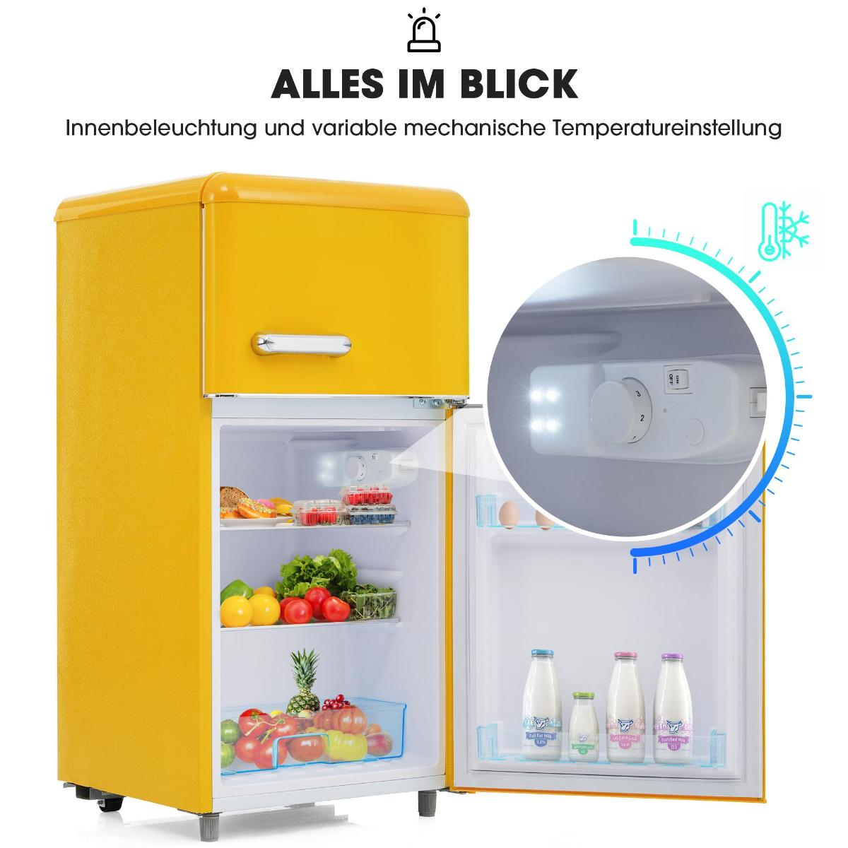 Ein gelber Retro-Kühlschrank mit offener Tür. Im Inneren befinden sich Früchte, Gemüse und Milchflaschen. Ein runder Einsatz zeigt Innenlicht.