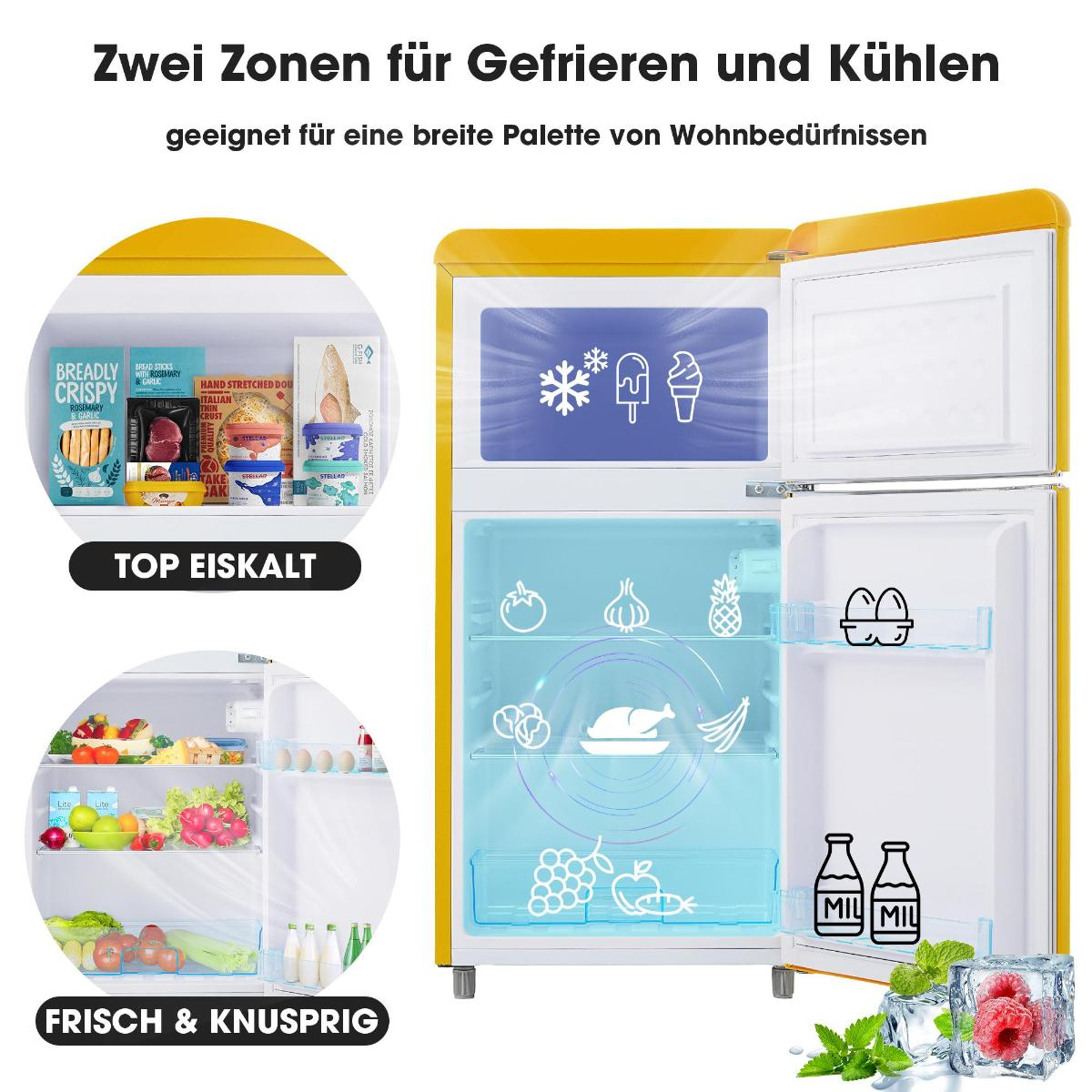 Ein gelber Kühlschrank mit offenen Türen. Eine Seite hat Symbole für Tiefkühlkost, die andere für frische Lebensmittel.