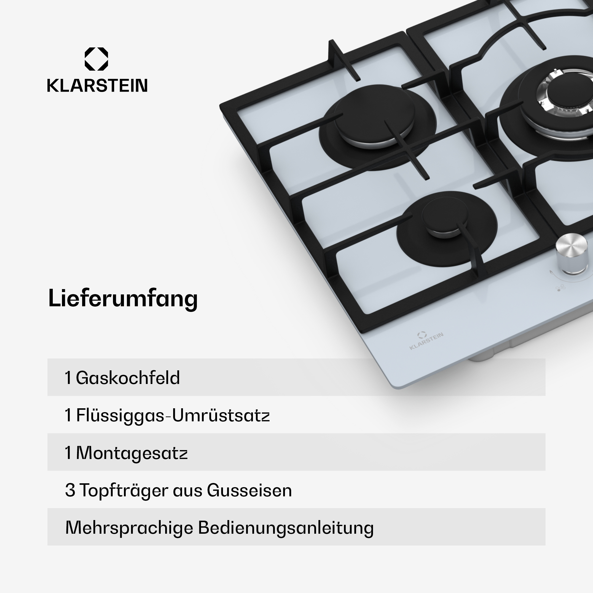 Nahaufnahme eines Gasherds mit vier Brennern. Er ist weiß und schwarz mit dem Klarstein-Logo.