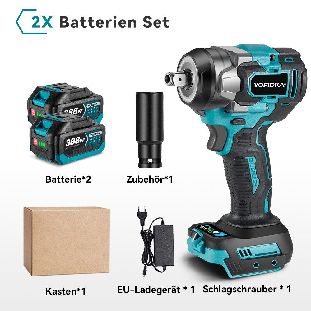 Batteriesatz, Schlagschrauber, Ladegerät und Zubehör. Enthält zwei Batterien, einen Schrauber, ein Ladegerät und eine Box.