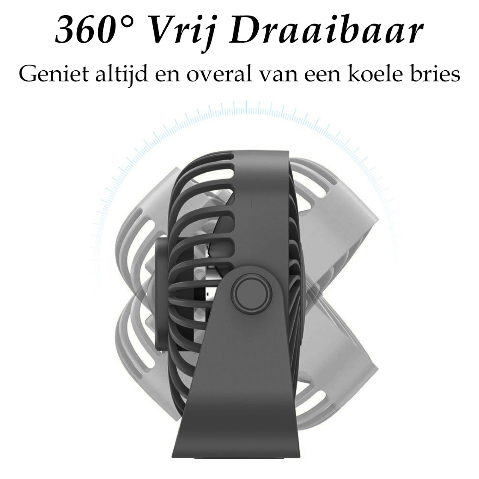Das Bild zeigt einen schwarzen Ventilator mit der Aufschrift '360° Vrij Draaibaar'. Es deutet auf eine 360-Grad-Drehung hin.