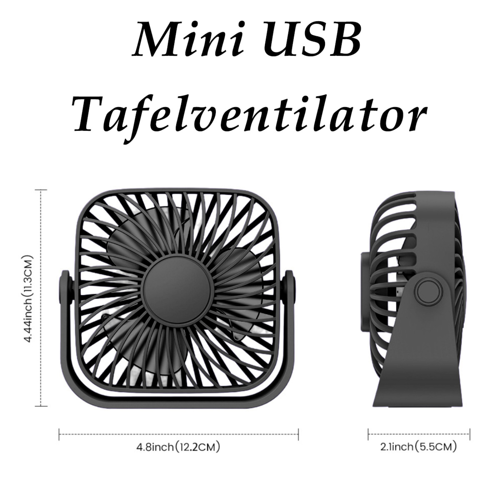 Ein schwarzer Mini-USB-Tischventilator. Er hat eine quadratische Form mit Lüfterflügeln und Abmessungen.