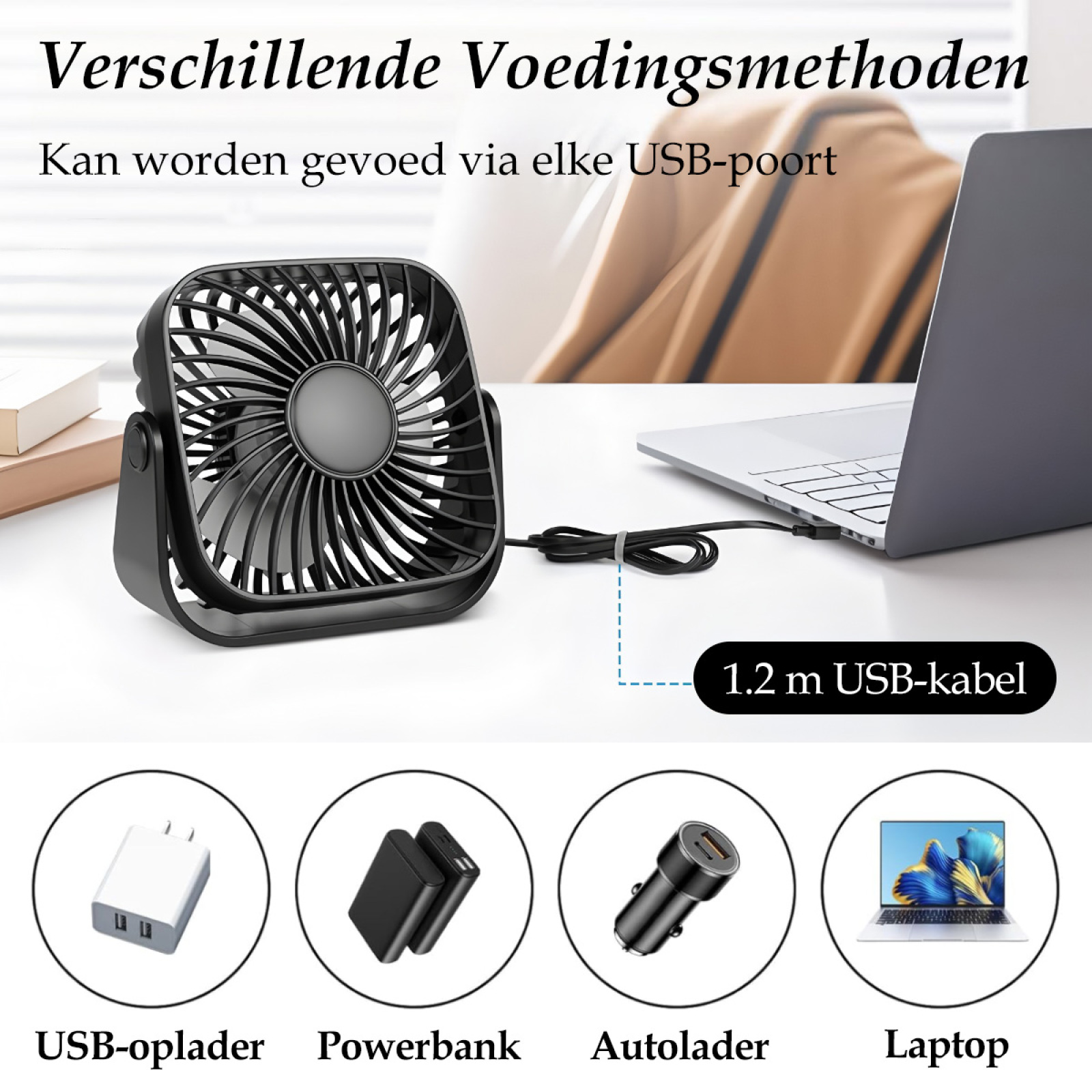 Ein schwarzer Schreibtischventilator ist an einen Laptop angeschlossen. Symbole der Lademethoden: USB-Ladegerät, Powerbank, Autoladegerät, Laptop.