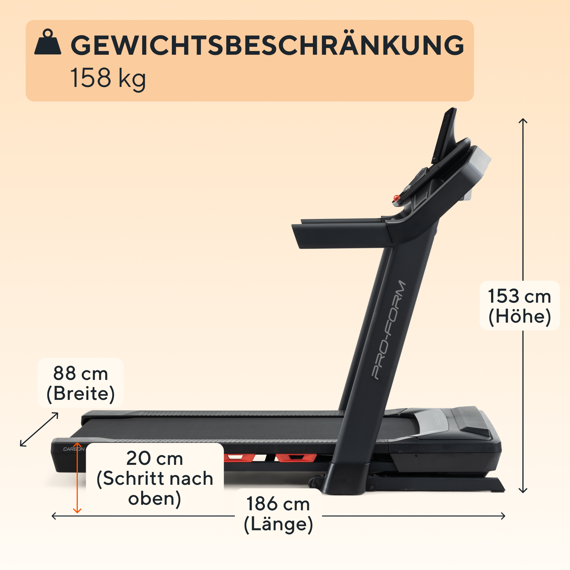 Czarna bieżnia z etykietami wymiarów. Ma limit wagowy 158 kg i wymiary w cm.