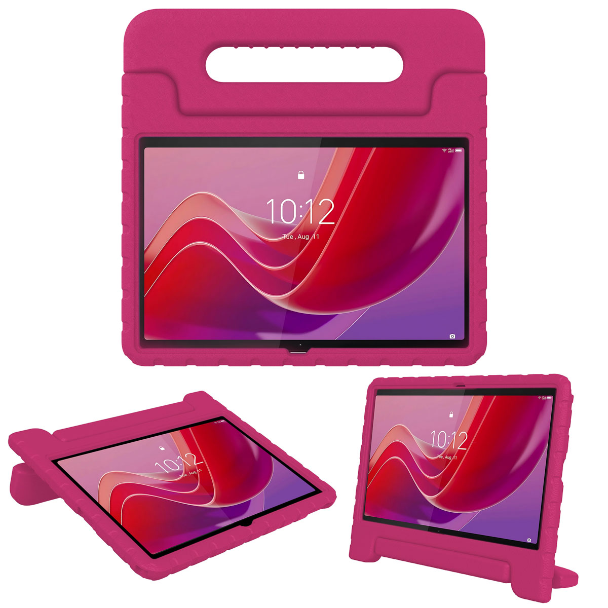 A pink tablet in a pink protective case is displayed in three different positions. The screen shows a clock and a red abstract image.