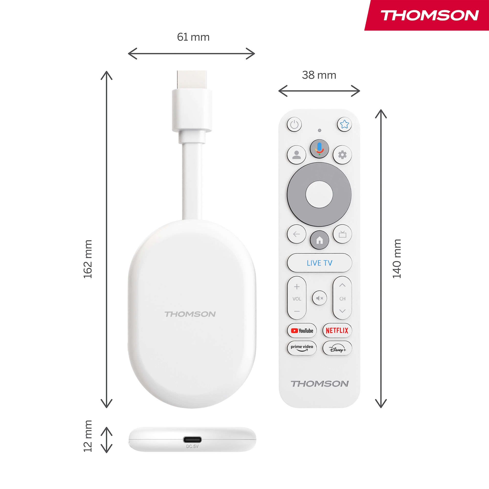 Stick y mando a distancia Thomson blancos. Se muestran las dimensiones. Logos: YouTube, Netflix, Prime Video y Disney+.