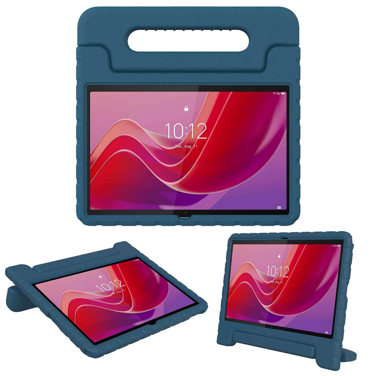 A tablet in a blue protective case, displaying 10:12 on the screen. Two other angles of the same tablet are also shown.