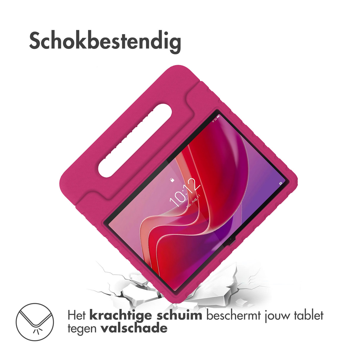 A pink tablet in a protective case, with the time displayed. The text 'Schokbestendig' is above, with 'Het krachtige schuim beschermt jouw tablet' below.