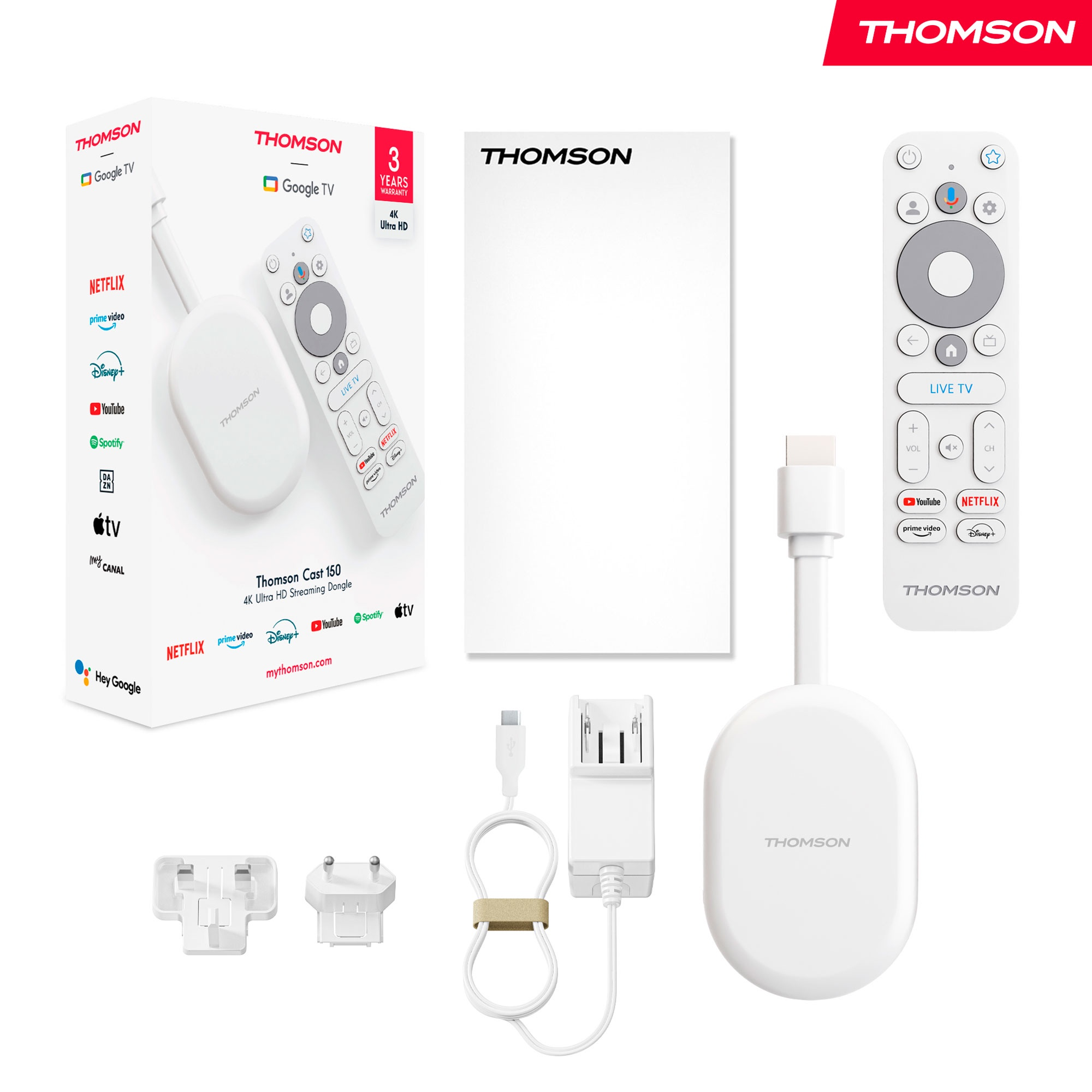 Kit Thomson Cast 150. Incluye mando a distancia, dongle, adaptador de corriente y logotipos de servicios de streaming.