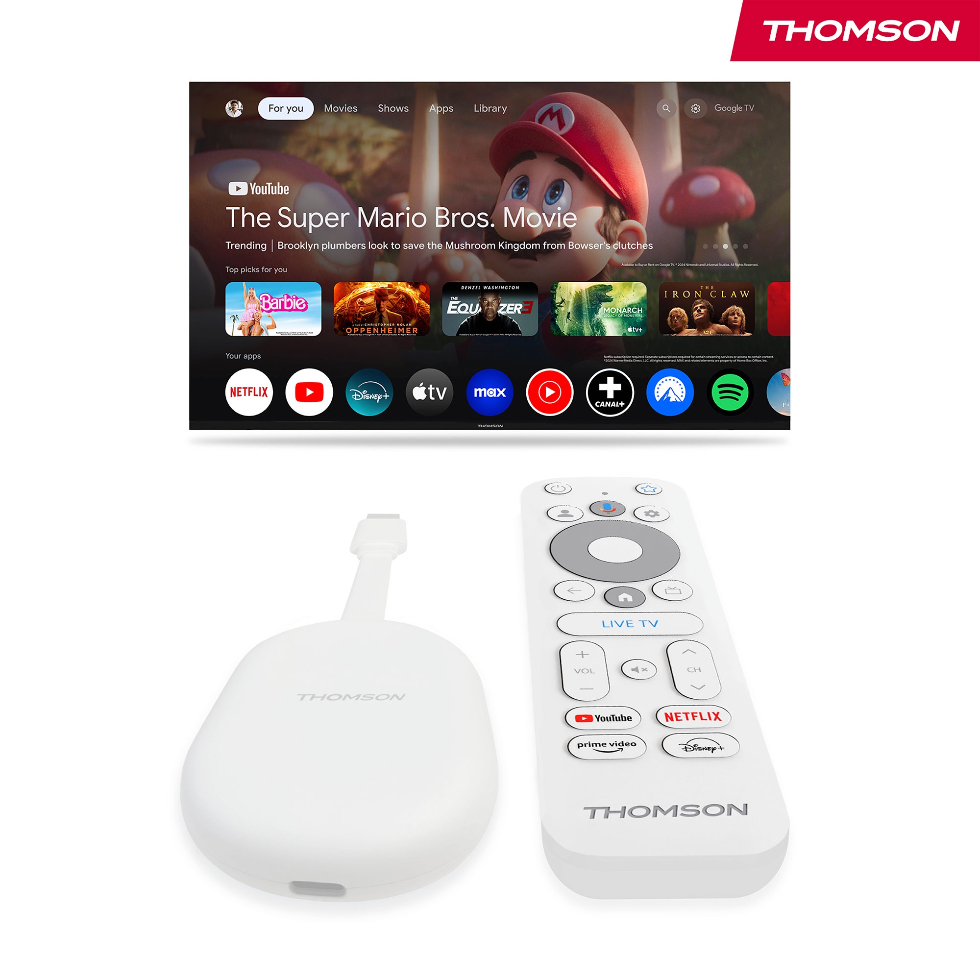 Una pantalla de TV Thomson que muestra la película Super Mario Bros., con un mando a distancia y un dispositivo.