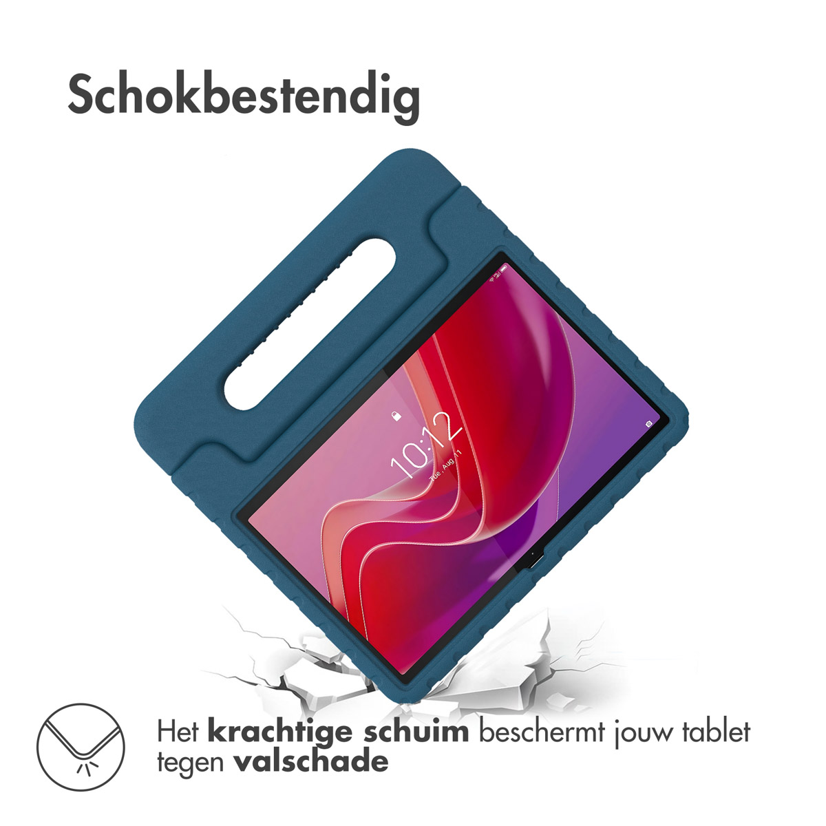 A blue tablet case with a tablet inside. Text says 'Schokbestendig' and 'Het krachtige schuim beschermt jouw tablet tegen valschade'.