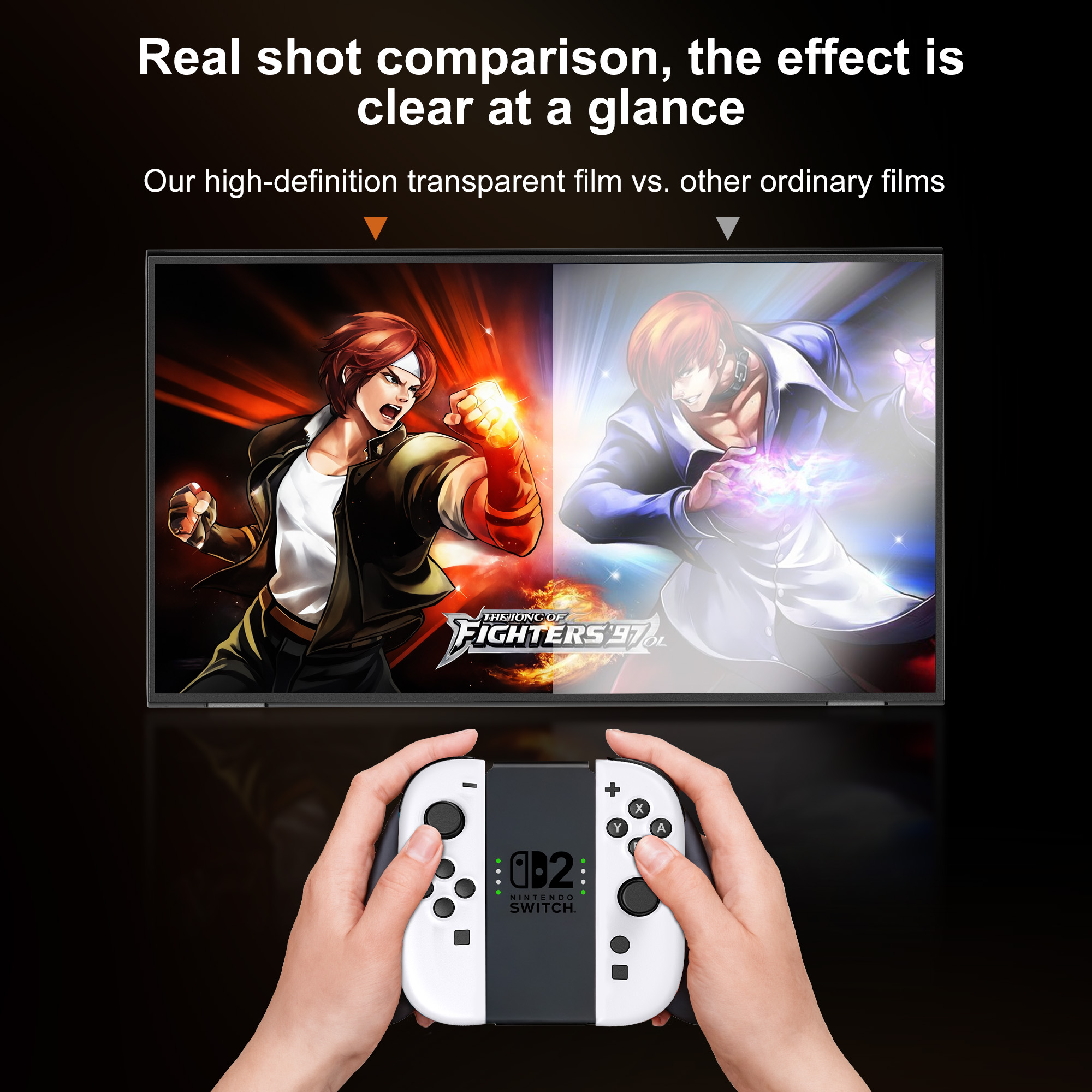 Dłonie trzymające kontroler Nintendo Switch. Ekran pokazuje porównanie gier z wyraźnymi i rozmytymi obrazami.