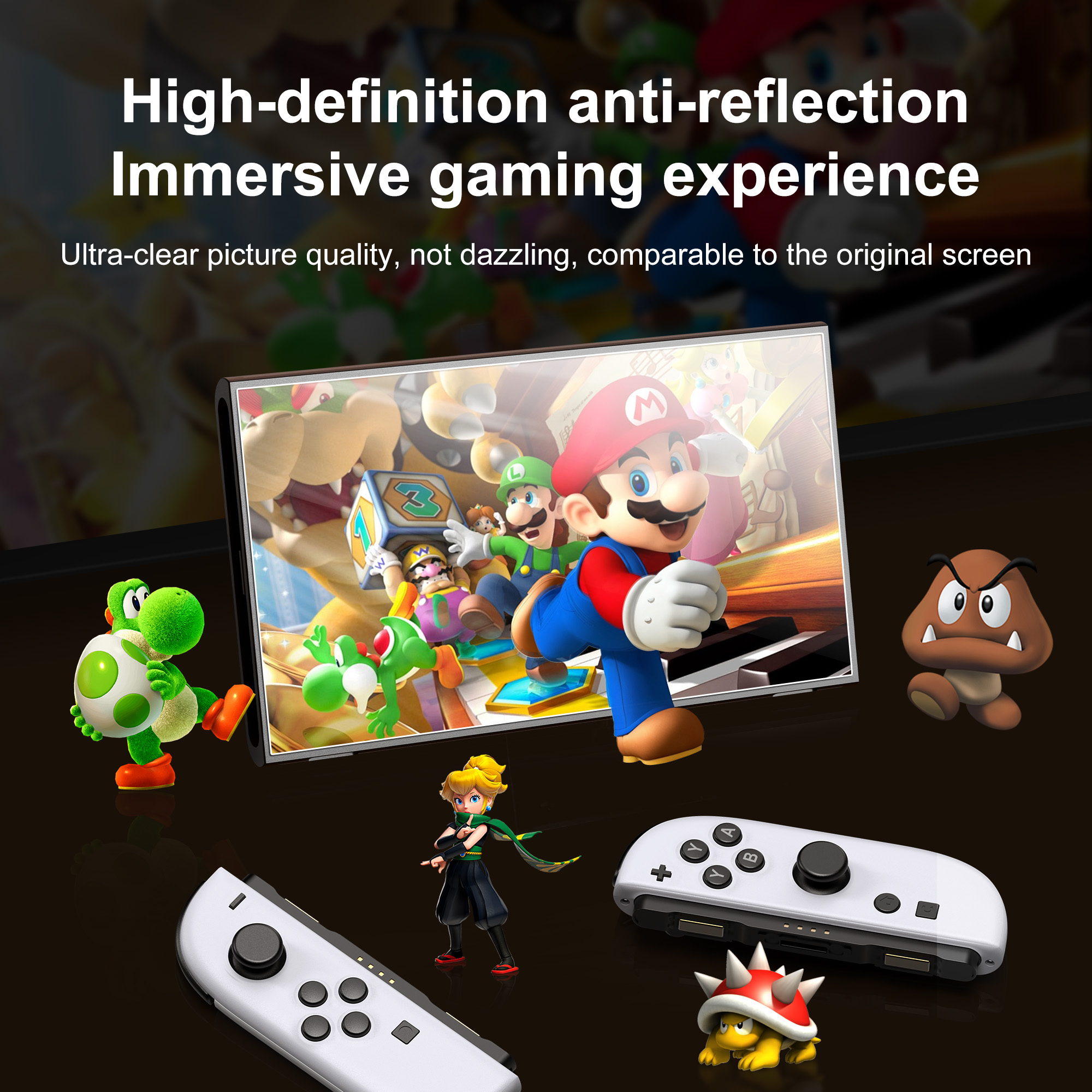 Obrazek przedstawia konsolę Nintendo Switch, postacie Mario, kontrolery do gier i Goombę na czarnej powierzchni.