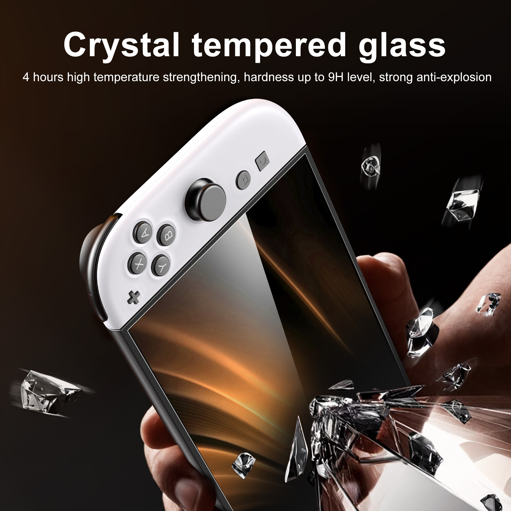 Smartfon z białą ramką, przyciskami i czarnym ekranem. Odłamki szkła wokół. Tekst: 'Crystal tempered glass'.