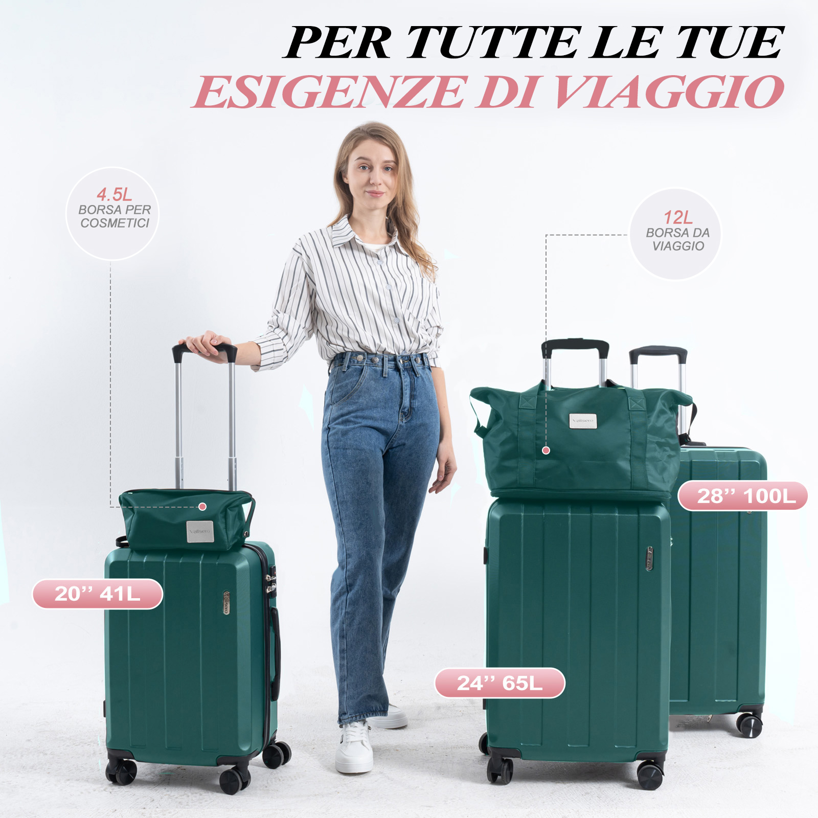 Donna con bagagli. Valigie verdi di diverse dimensioni, un beauty case e un borsone da viaggio. Testo in italiano.