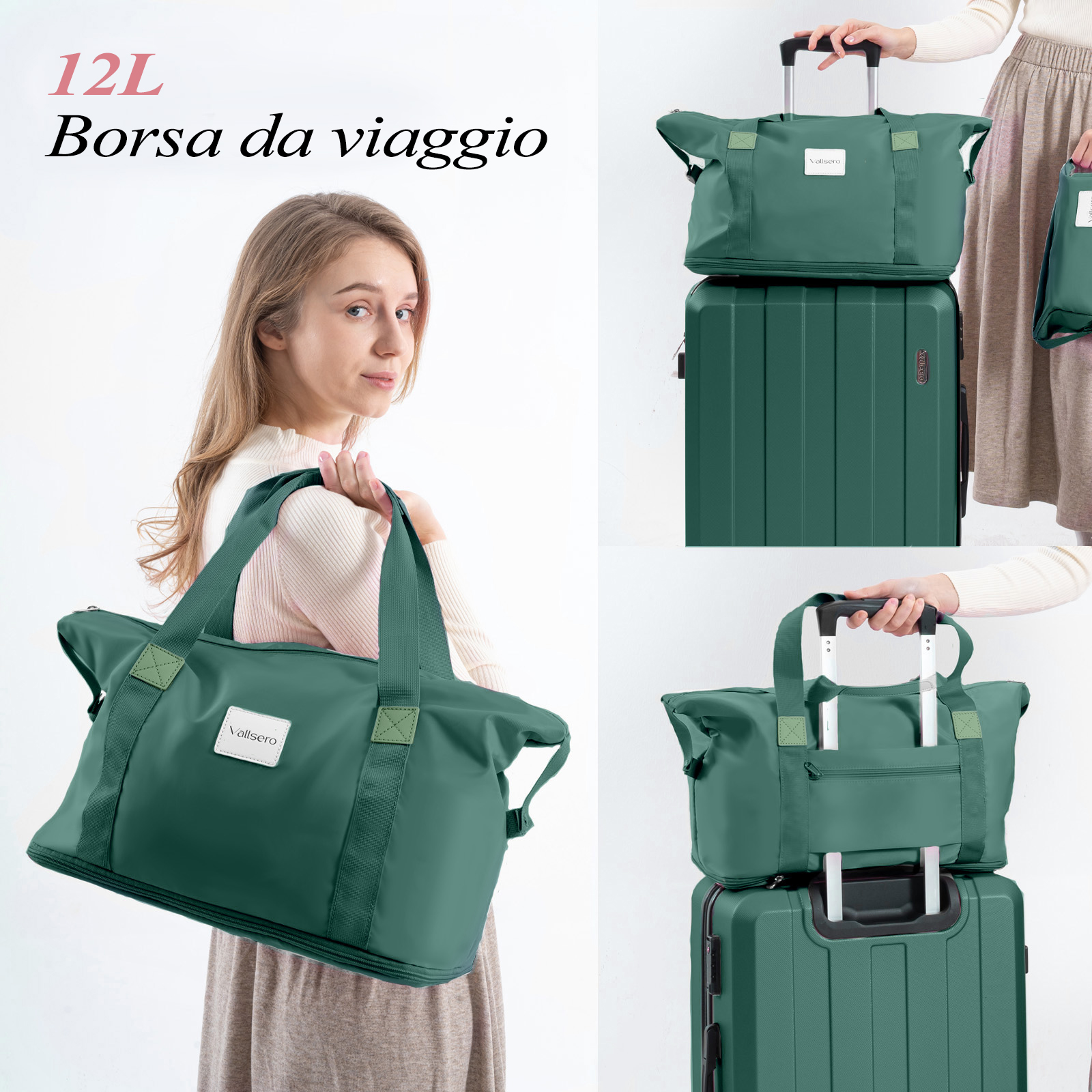 Donna con borsa da viaggio verde. Altre borse e una valigia sono in mostra. Testo: 12L Borsa da viaggio.