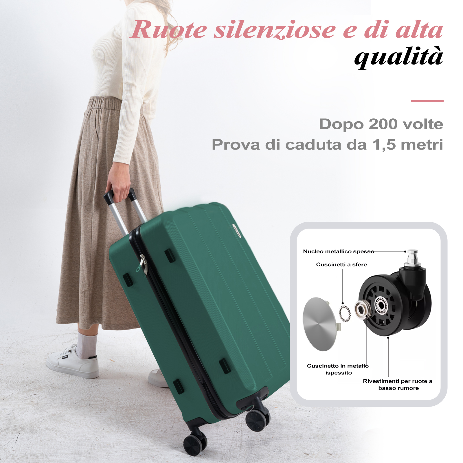 Una persona tiene una valigia verde. La valigia ha ruote silenziose. Il testo dice 'qualità' e 'test di caduta'.