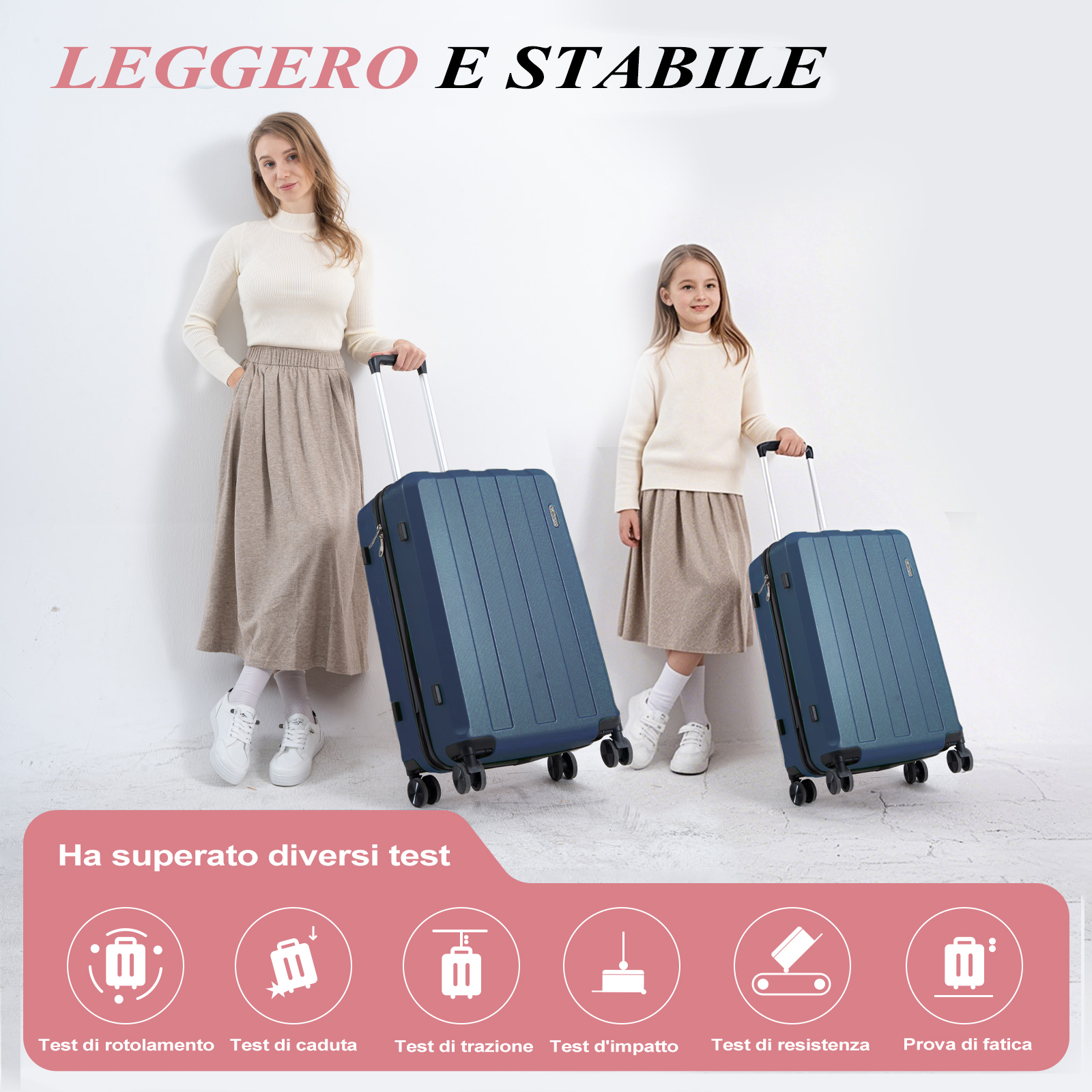 Una donna e una bambina con valigie blu. Il testo dice 'LEGGERO E STABILE'. Sotto icone di test.
