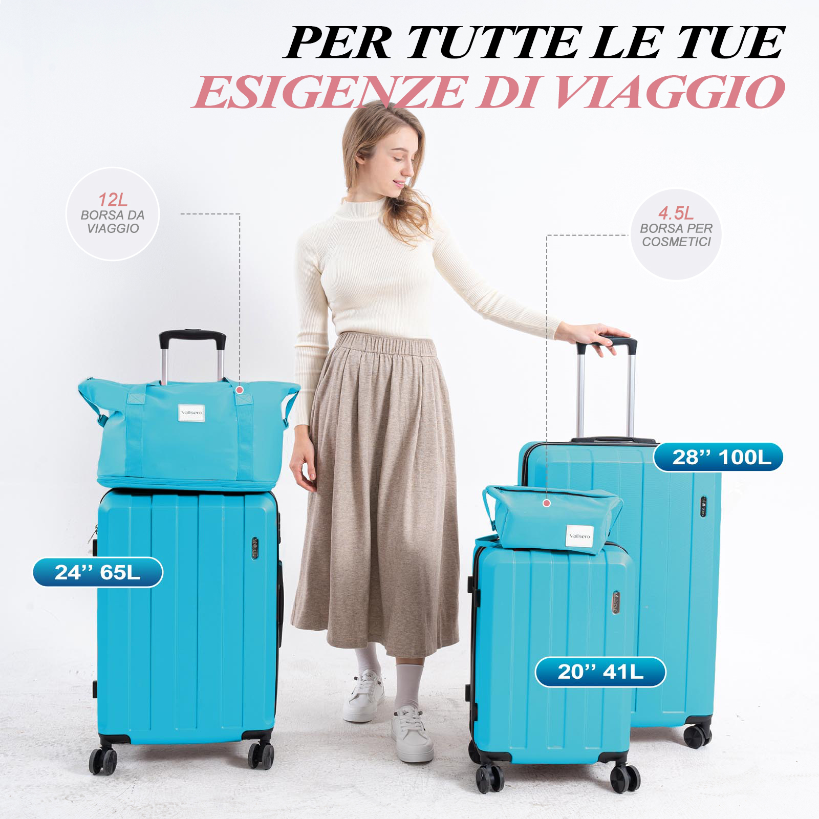 Donna con valigie blu. Il testo dice: 'PER TUTTE LE TUE ESIGENZE DI VIAGGIO'.