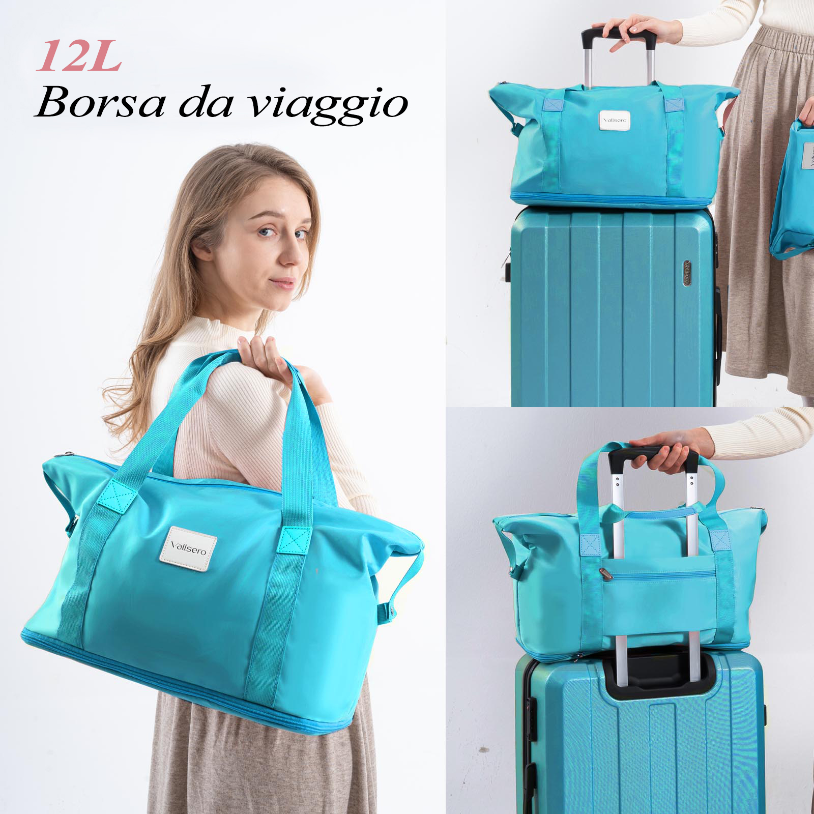 Una donna tiene in mano una borsa da viaggio blu. Altre borse e valigie sono impilate vicino. Il testo recita 'Borsa da viaggio'.