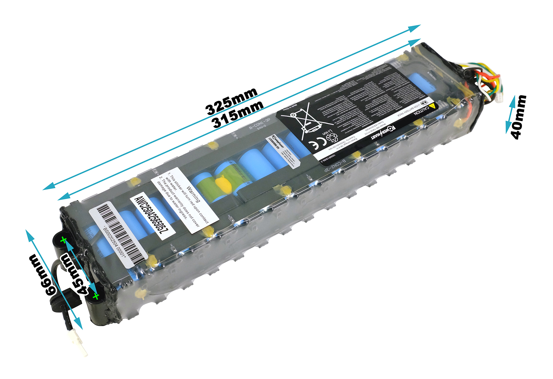 Un pacco batteria con dimensioni ed etichette. Contiene celle cilindriche, un'etichetta di avvertimento e un marchio.