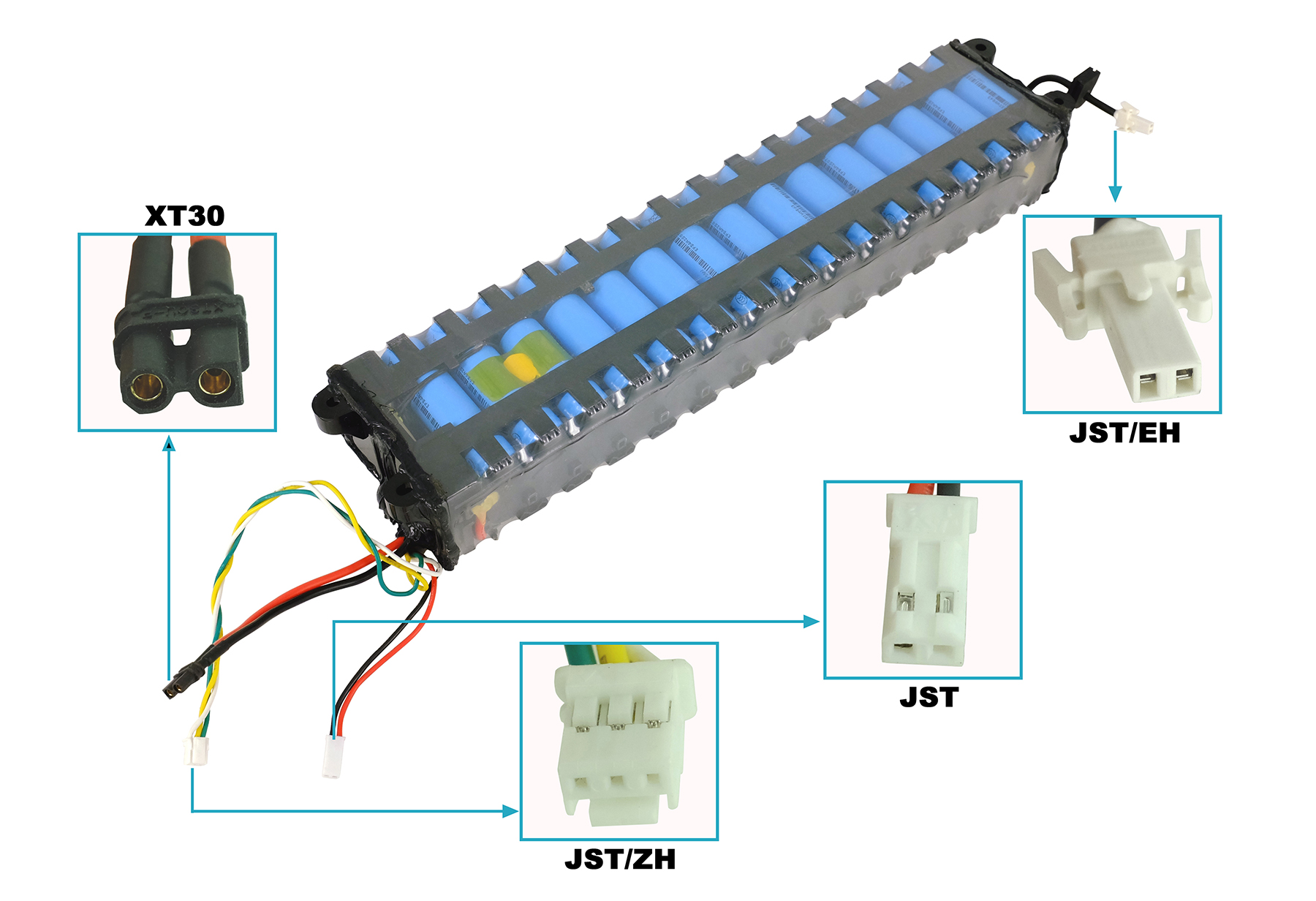 Pacco batteria con connettori: XT30, JST/EH, JST, JST/ZH. Fili di diversi colori. Batterie cilindriche blu visibili.