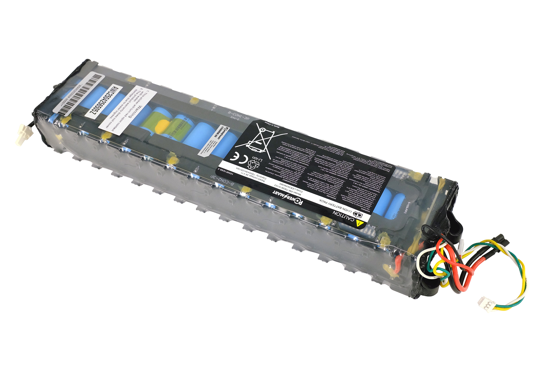 Un pacco batteria rettangolare con componenti blu, gialli e neri. Sono visibili fili ed etichette.