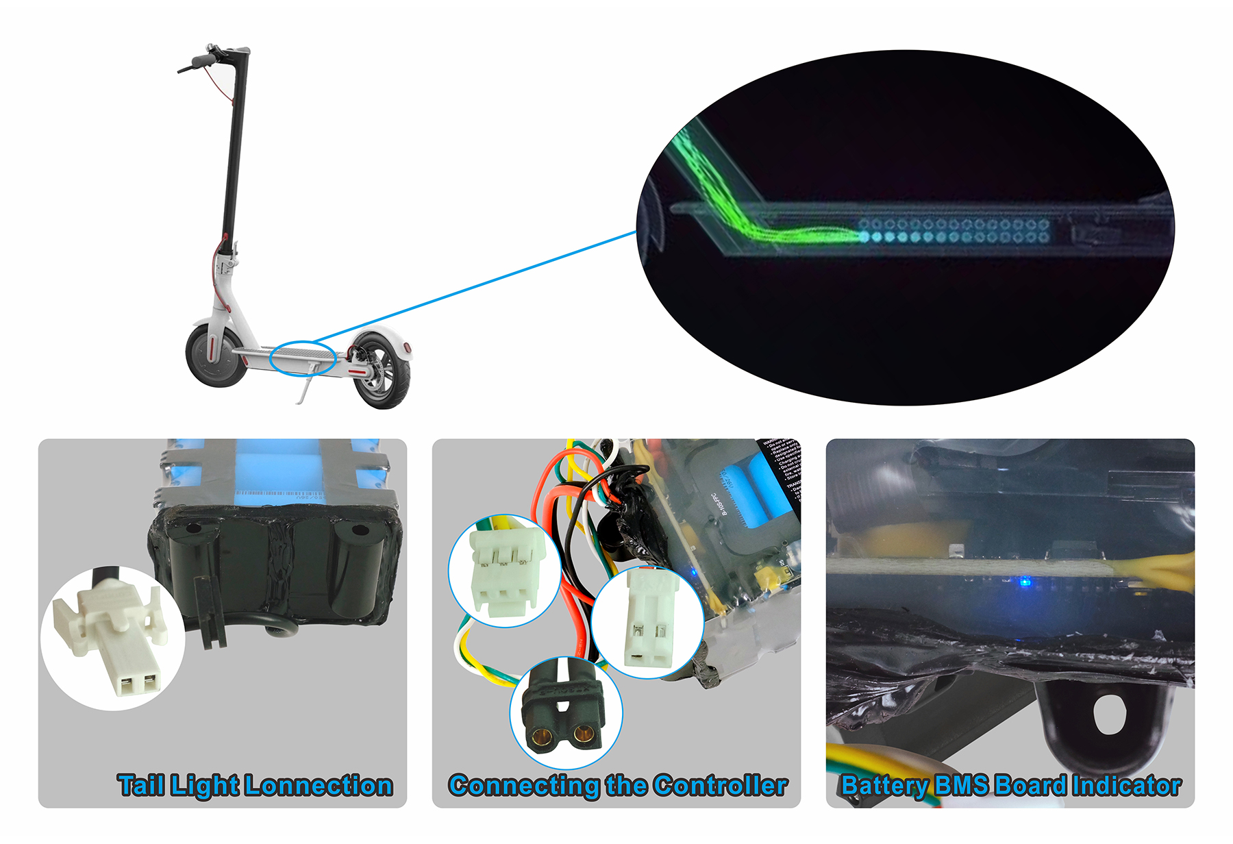 Un monopattino elettrico con primi piani dei suoi componenti: luce posteriore, connessione controller e indicatore BMS batteria.