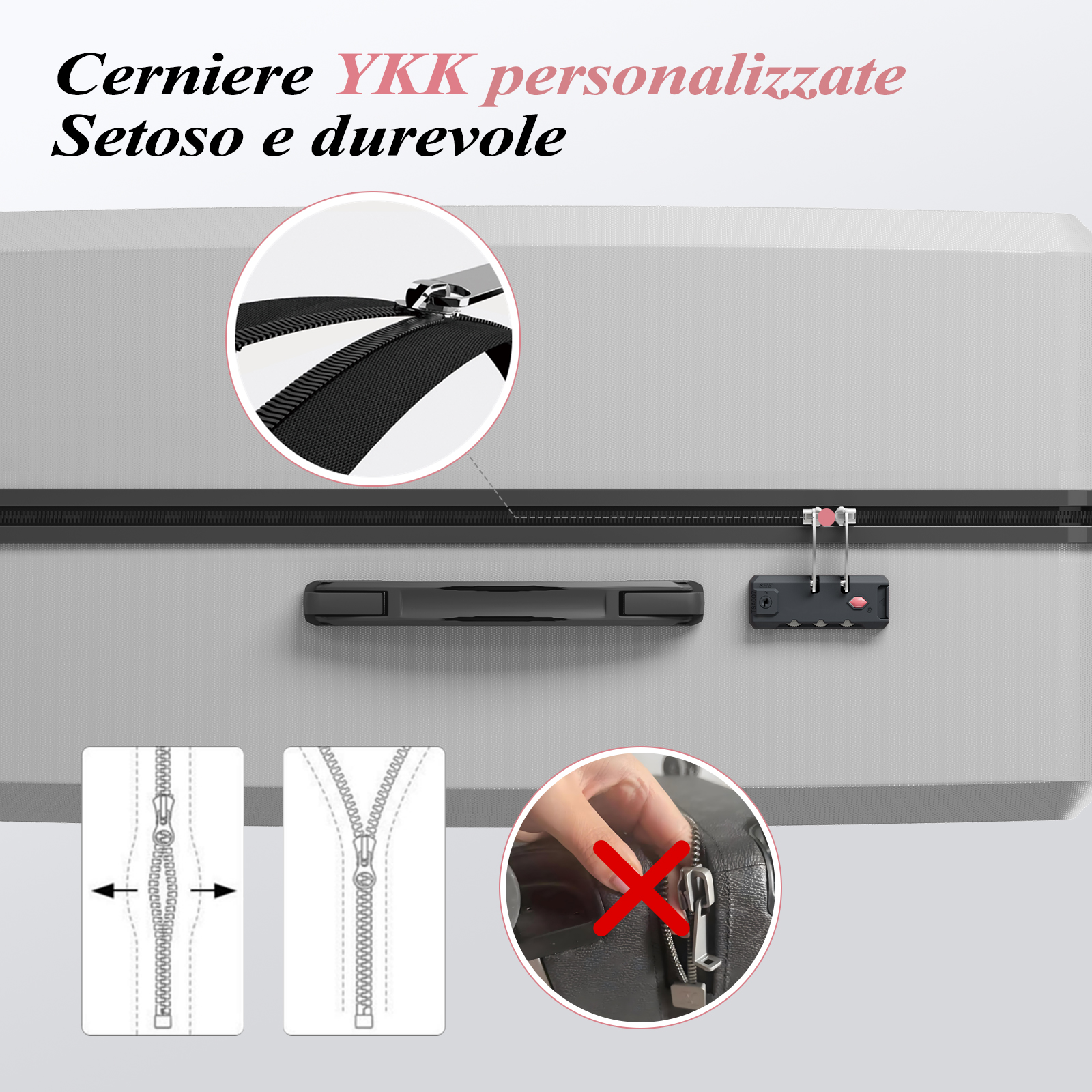 È mostrata una valigia con cerniere e serratura a combinazione. Il testo recita 'Cerniere personalizzate YKK'.