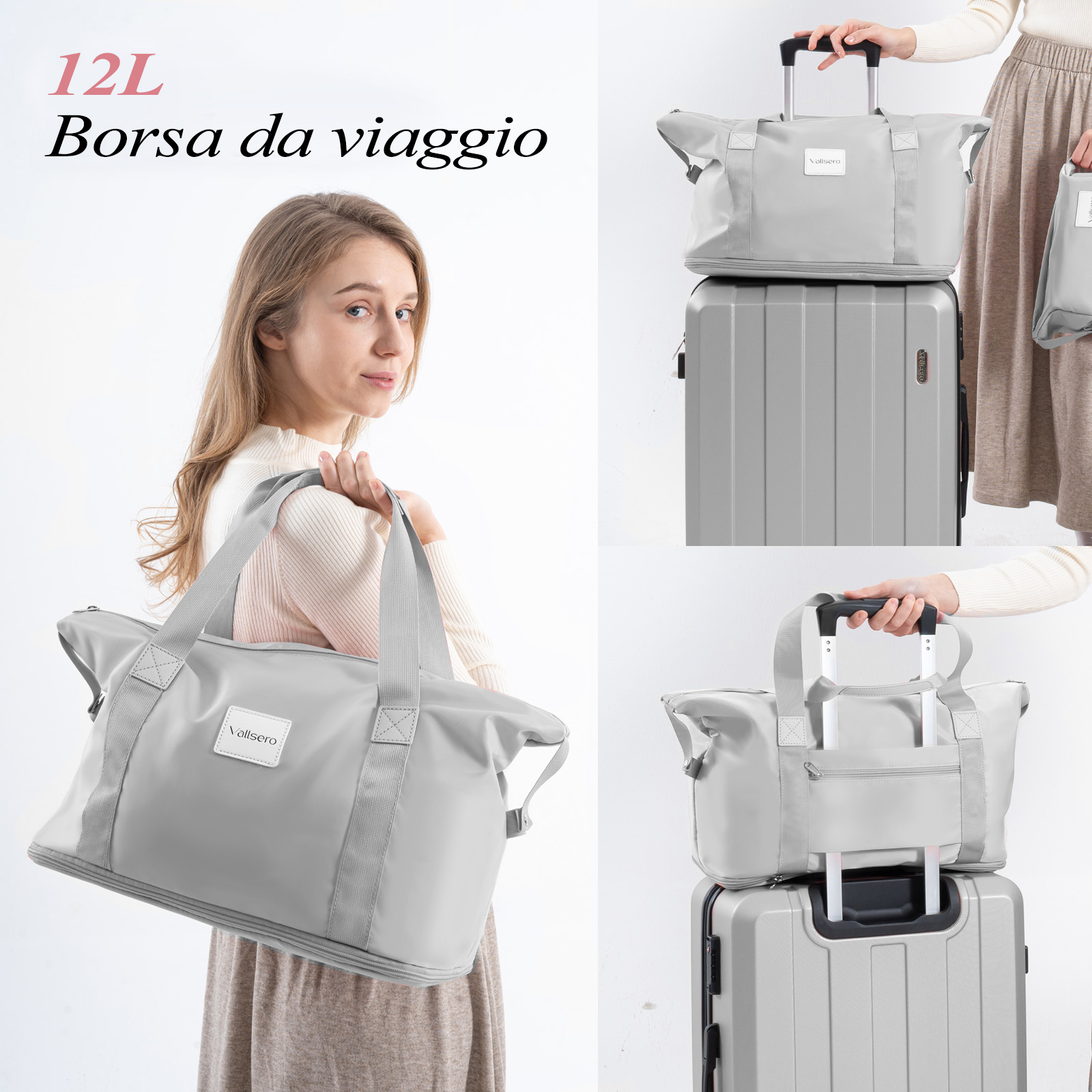 Donna che tiene in mano una borsa da viaggio grigia. Altre borse e bagagli su sfondo bianco. Testo: 12L Borsa da viaggio.