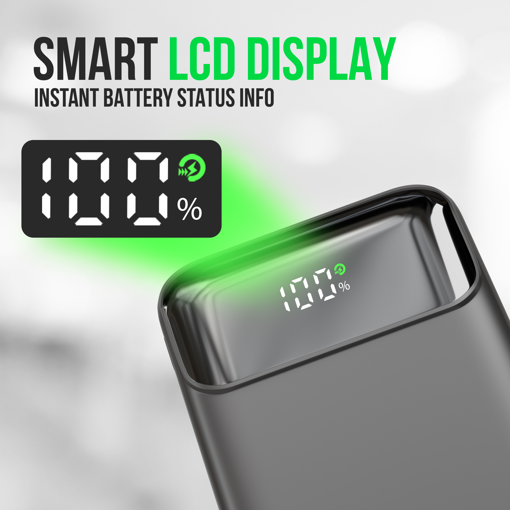 L'image montre un appareil noir avec un écran indiquant 100% de batterie. La lumière verte émane de l'écran.