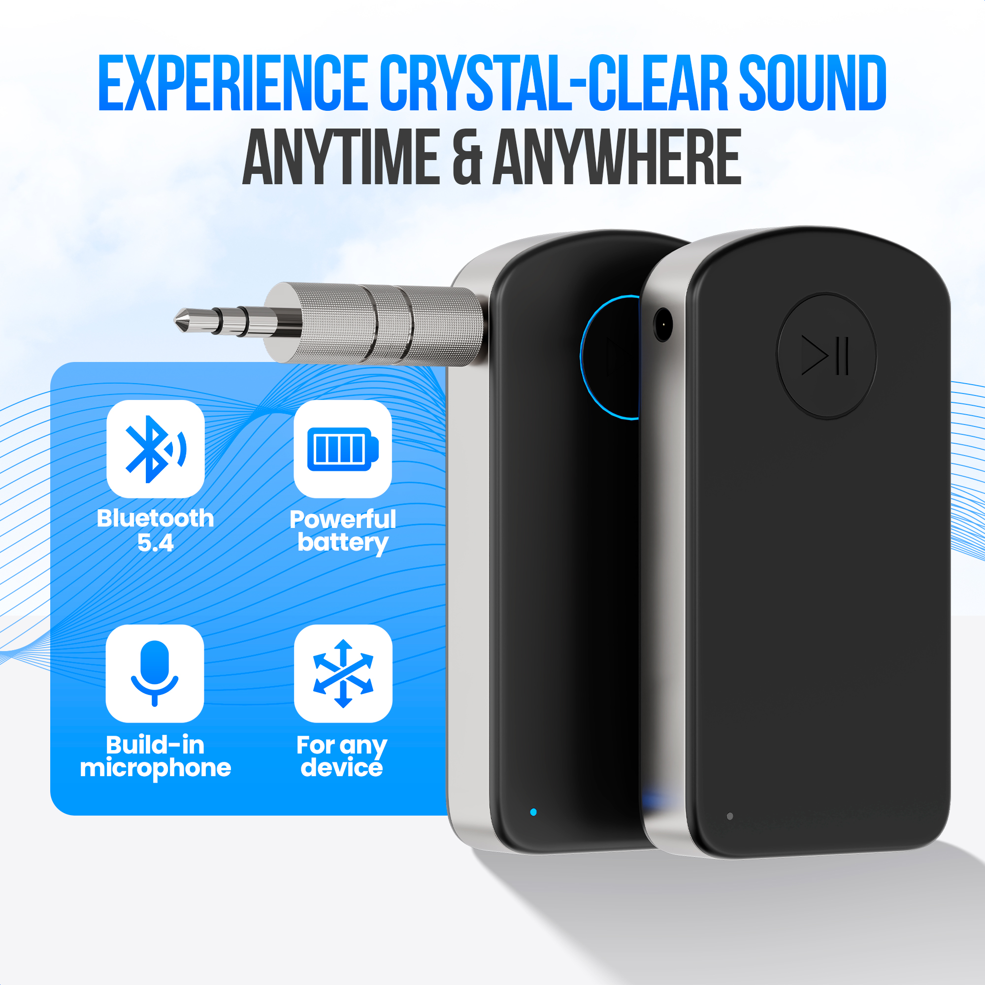 Adaptateur audio Bluetooth avec design argenté et noir, prise jack, et icônes d'info: Bluetooth, batterie, micro et compatibilité.