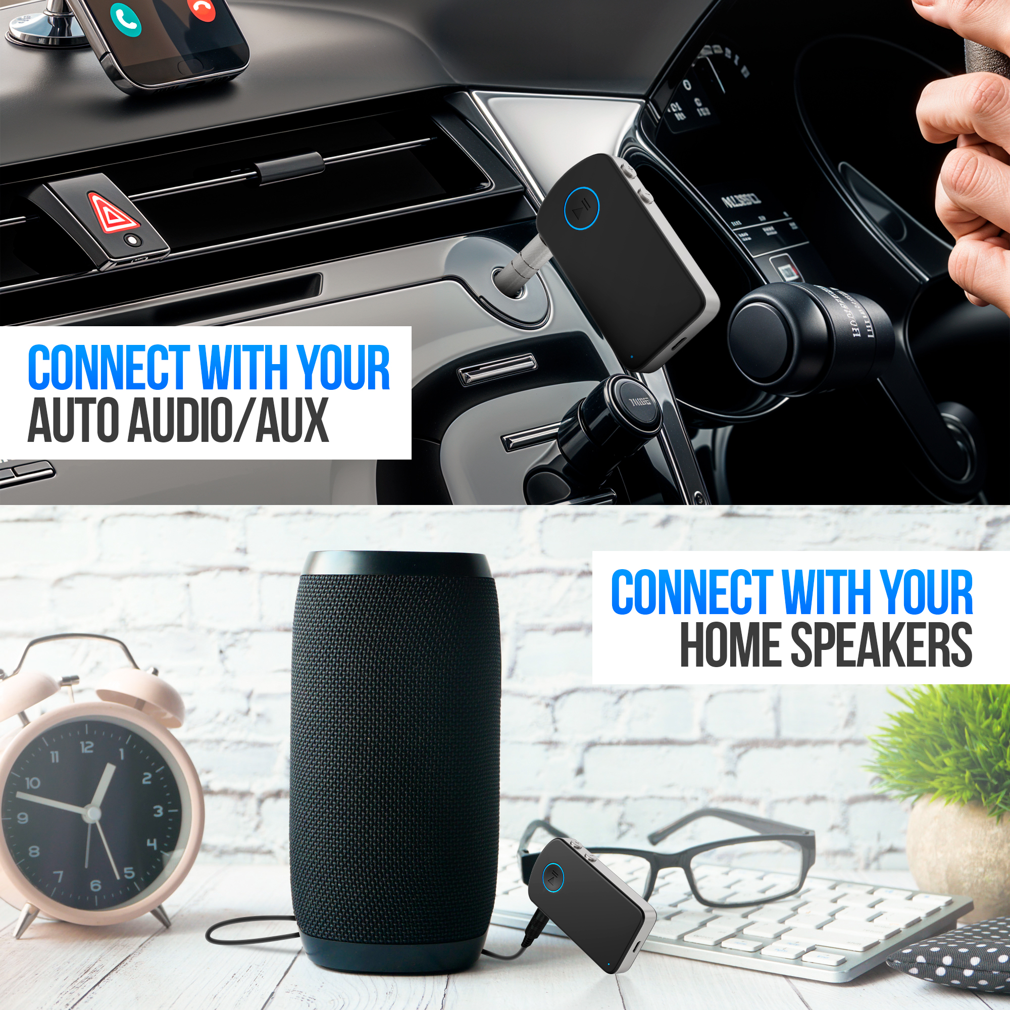 L'image montre un appareil noir connecté à l'audio de la voiture et de la maison. Les superpositions de texte indiquent 'Connectez-vous à votre audio/AUX de voiture' et 'Connectez-vous à vos haut-parleurs domestiques'.
