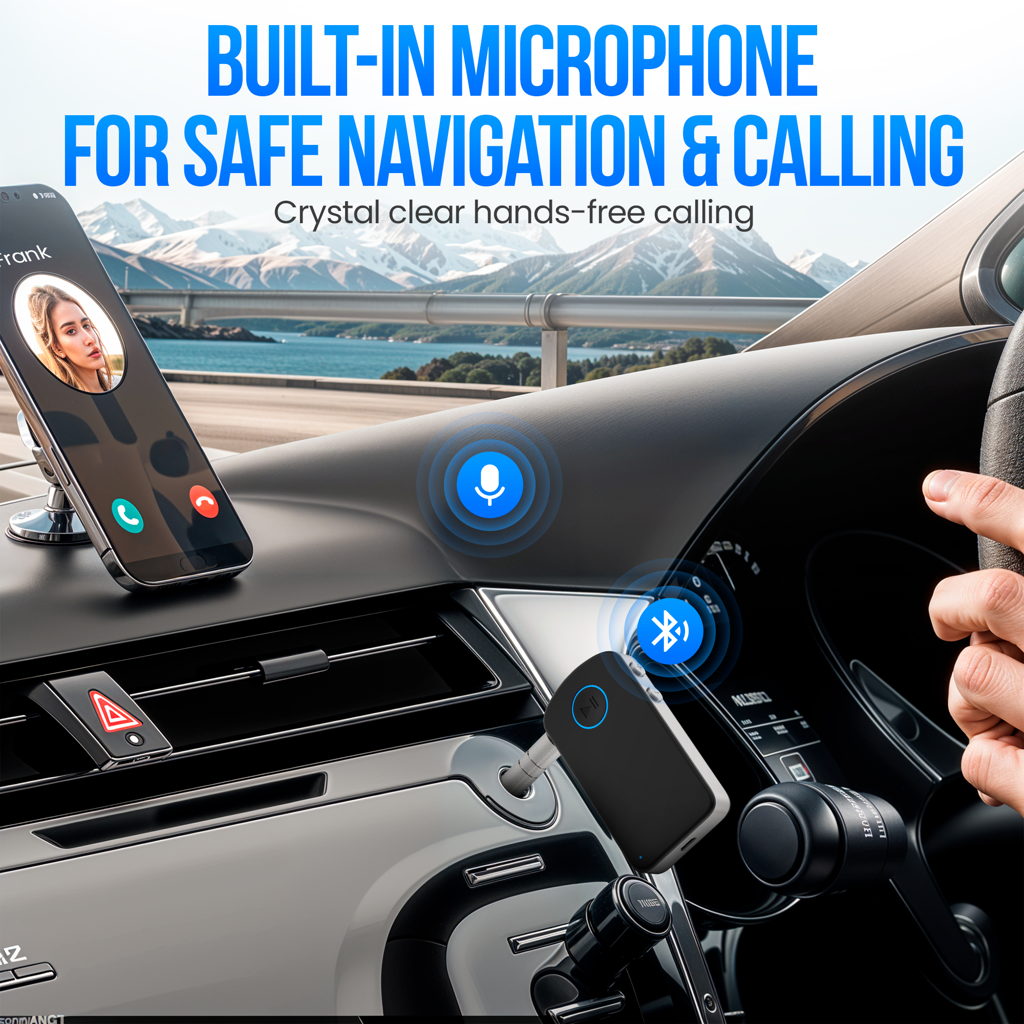 Intérieur de voiture avec téléphone affichant un appel, montagnes en arrière-plan. Appareil Bluetooth et mains sur le volant.