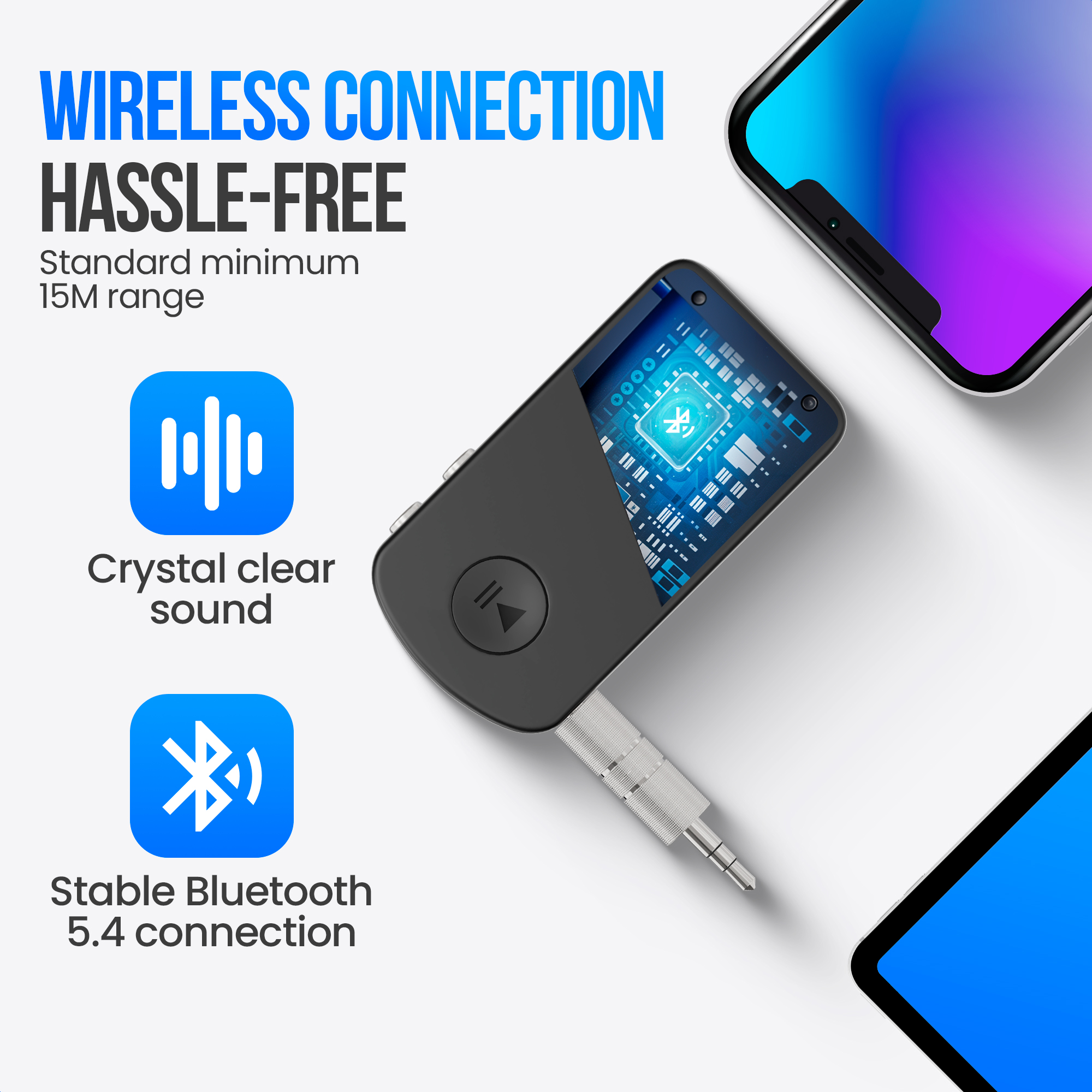 Adaptateur audio noir avec prise jack, icône Bluetooth, deux téléphones. Texte : Connexion sans fil, sans problème. Son cristallin, connexion stable.
